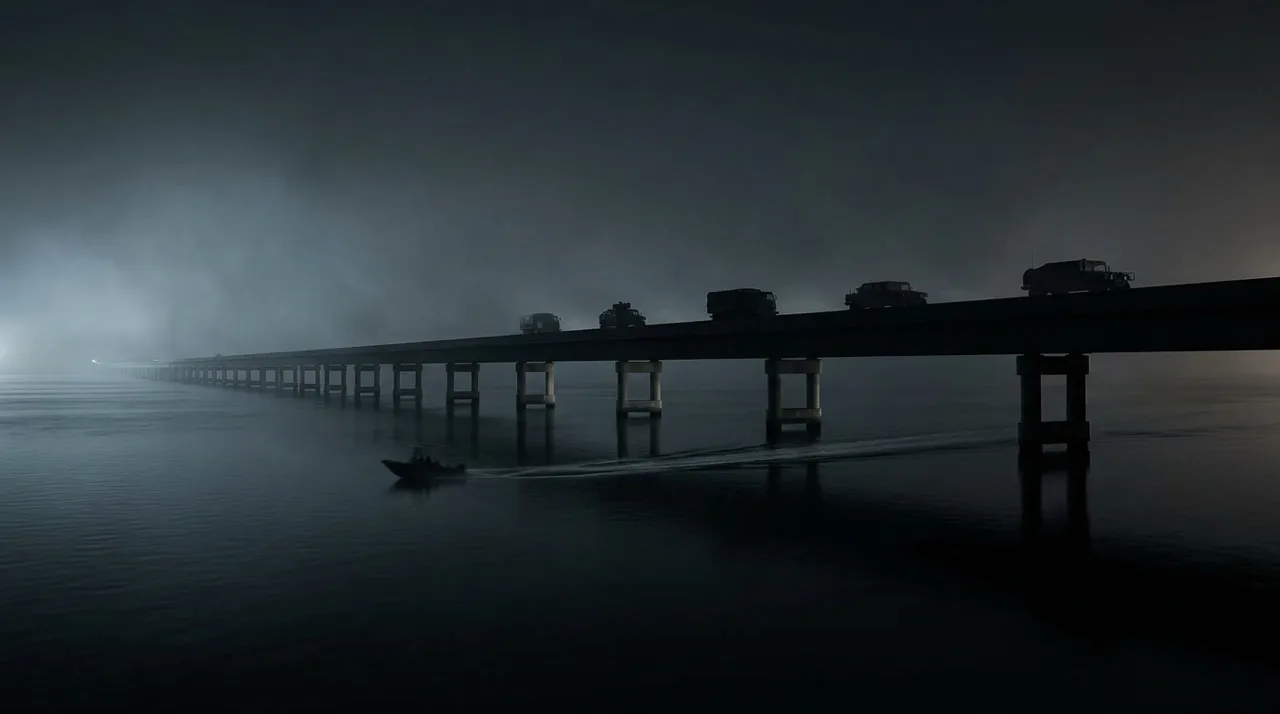 Speculative concept art of a bridge-and-boat operation across the Leonida Keys at night, fan theory only
