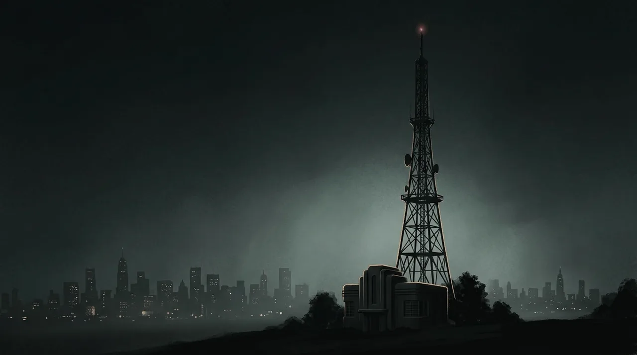 Speculative concept art of a radio broadcast tower at night over a city skyline, fan theory only