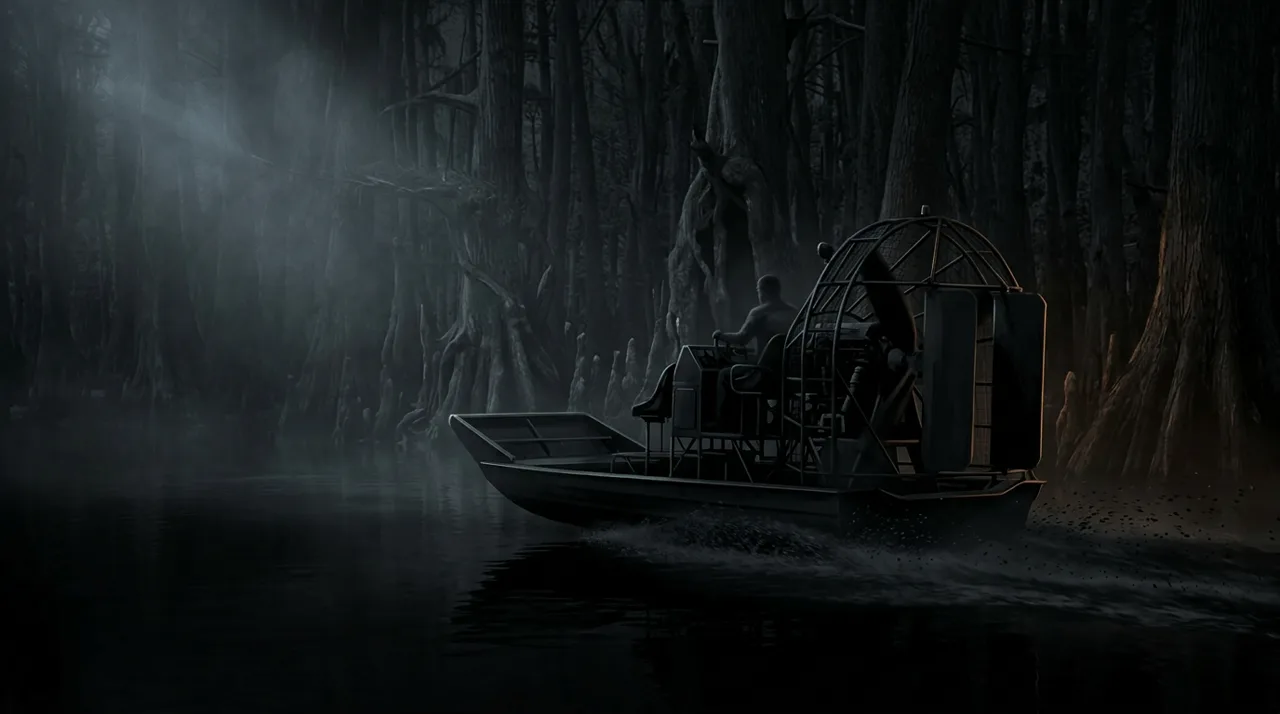 Speculative concept art of an airboat moving through a dark mangrove swamp at night, fan theory only