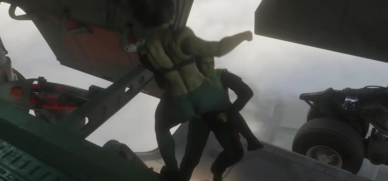 Figures on the open rear ramp of a cargo aircraft in mid-flight, with landing gear and clouds visible, from the GTA 6 trailer