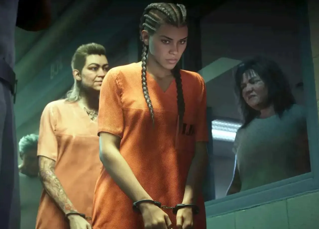 Lucia Caminos in an orange prison jumpsuit and handcuffs inside Leonida Penitentiary, from the GTA 6 trailer