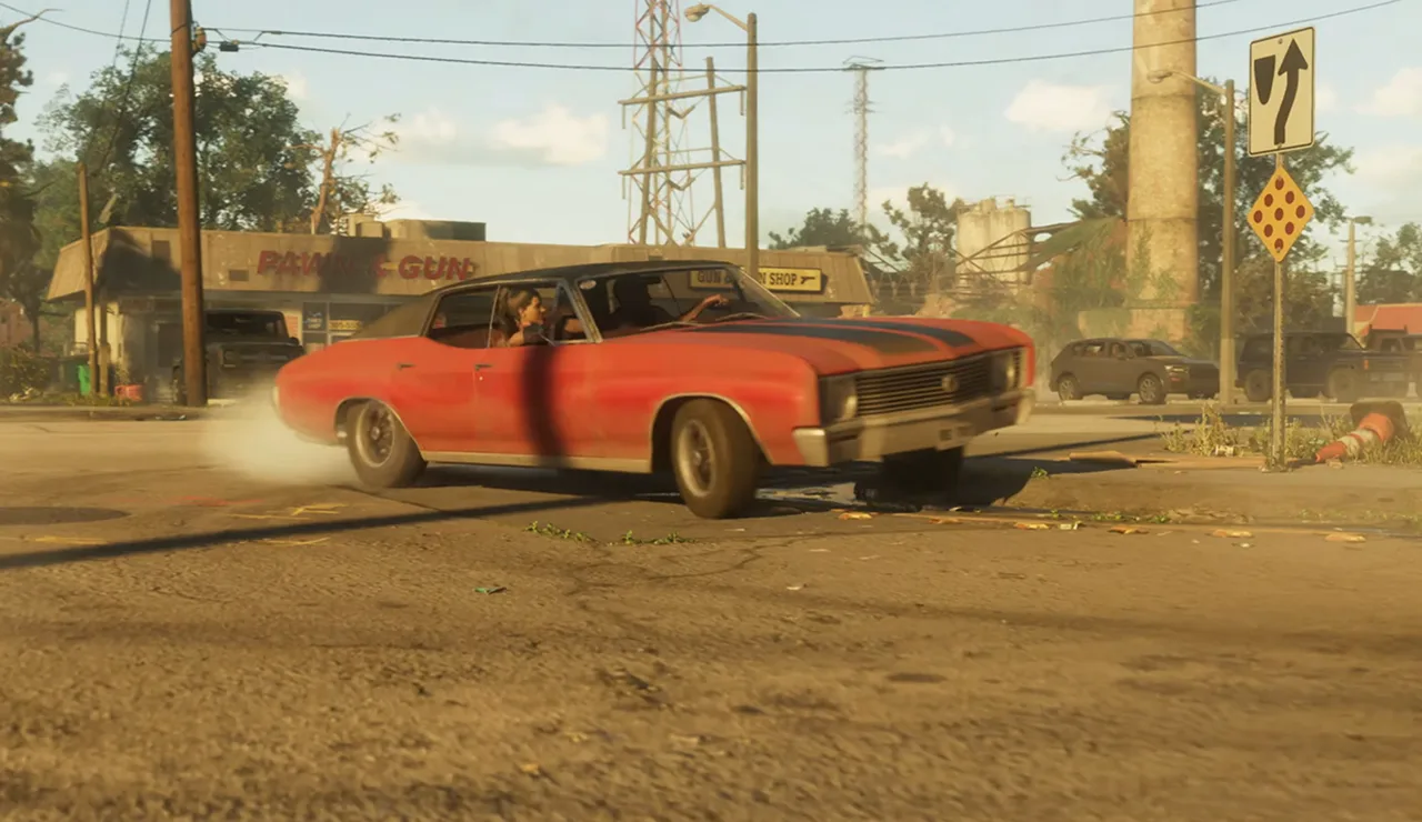 A red muscle car speeding away from a pawn and gun shop during a getaway, from the GTA 6 trailer
