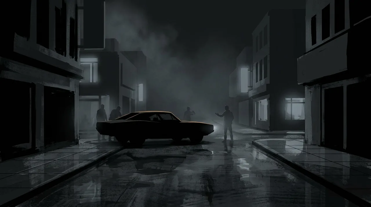 Speculative concept art of a night-time getaway in a foggy Vice City street, fan theory only