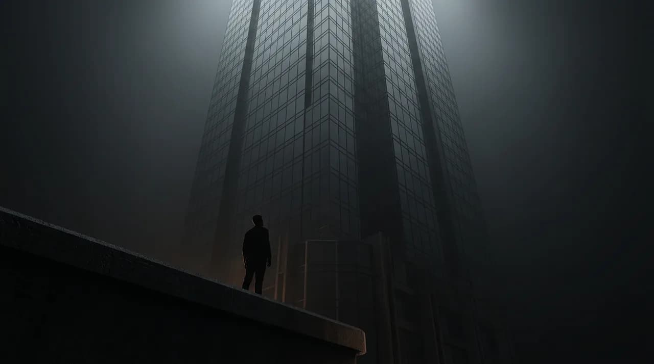 Speculative concept art looking up at a towering skyscraper at night with a lone figure, fan theory only