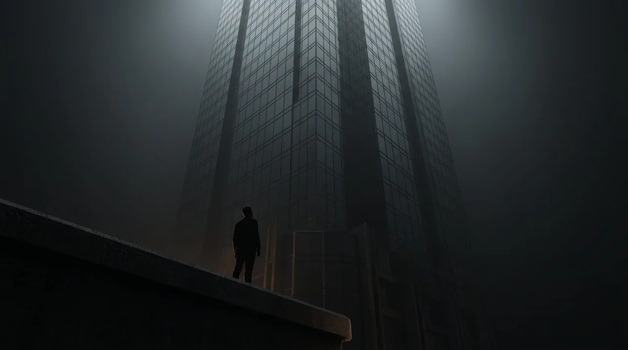 Speculative concept art looking up at a towering skyscraper at night with a lone figure, fan theory only