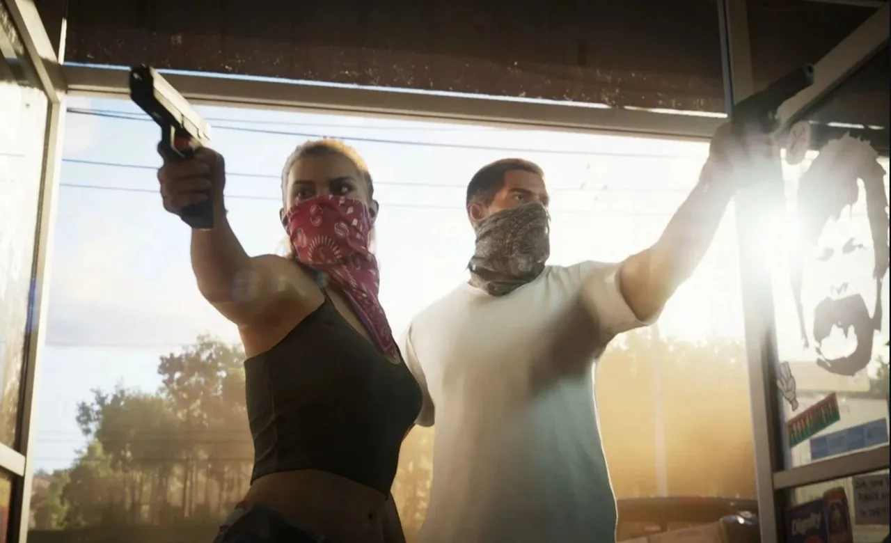 Lucia and Jason in bandana masks raising pistols during a store robbery, from the GTA 6 trailer
