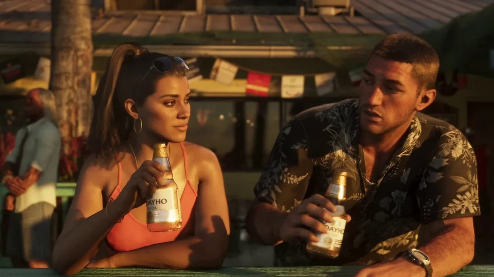 Lucia and Jason relaxing at a Vice City beach bar in Grand Theft Auto VI