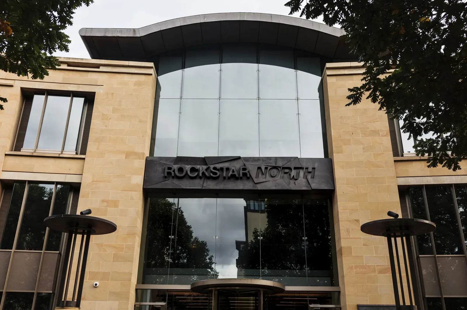 The stone entrance of the Rockstar North studio building in Edinburgh with its Rockstar North sign