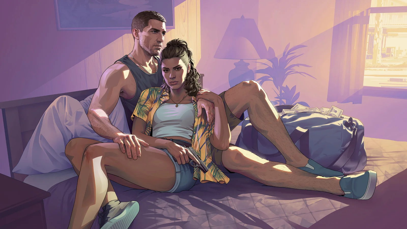 Jason and Lucia lounging on a motel bed in GTA 6 key art