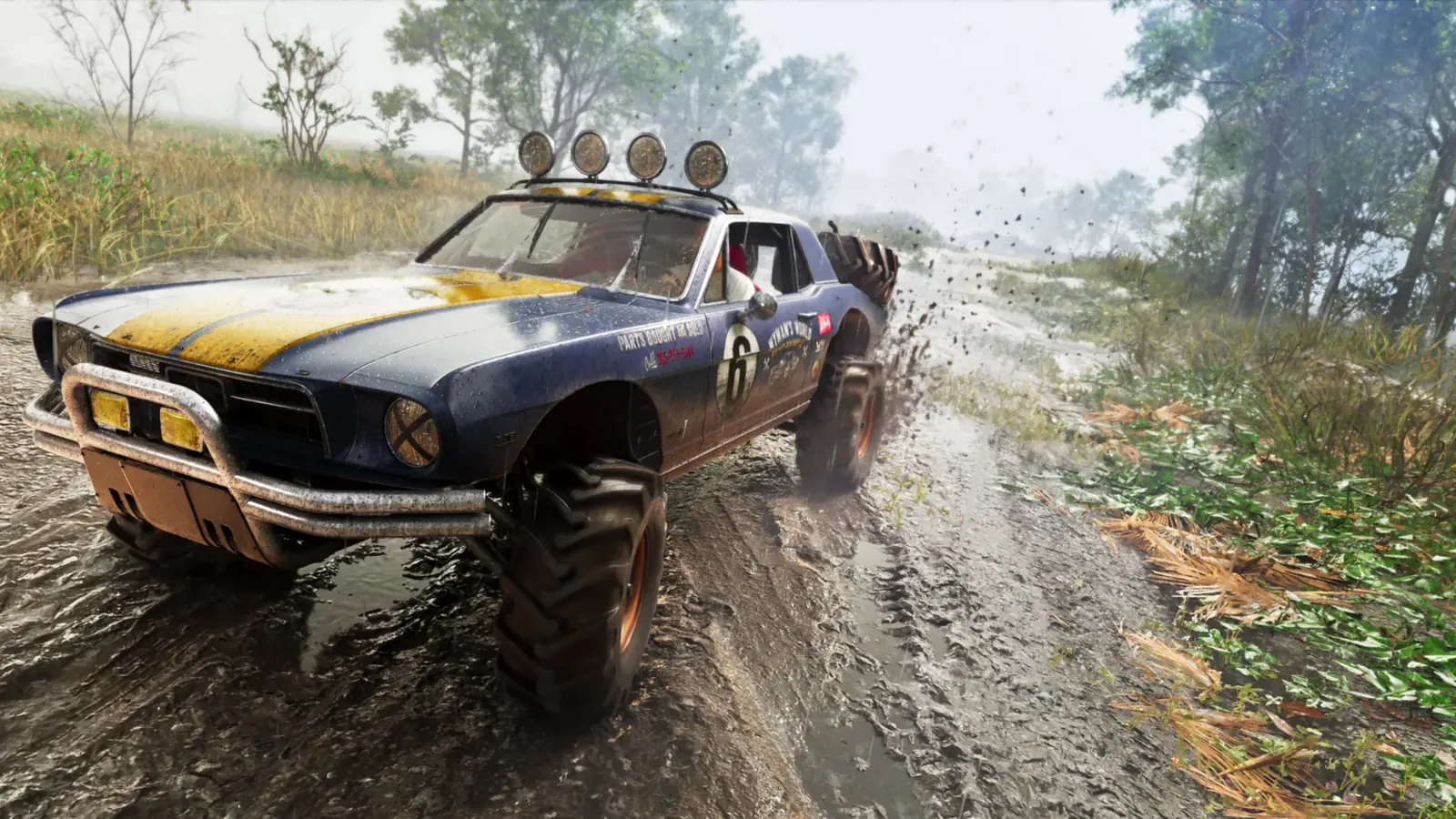 A lifted off-road muscle car with roof lights throwing mud on a wet trail in GTA 6