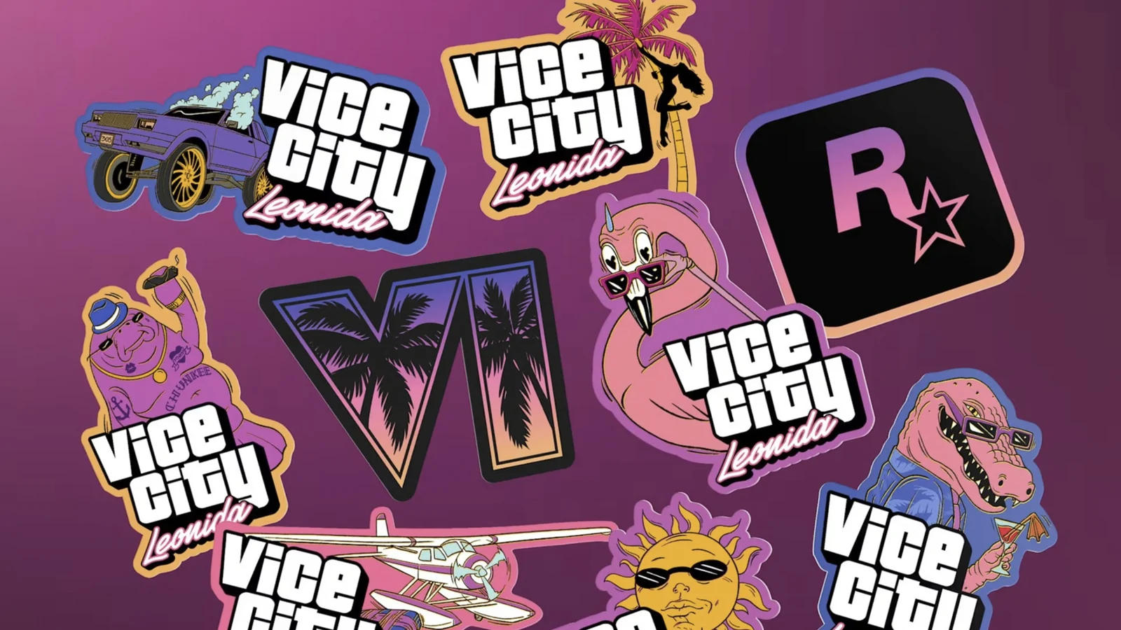 Official Vice City Leonida sticker sheet with nine designs and a Rockstar logo on a magenta background