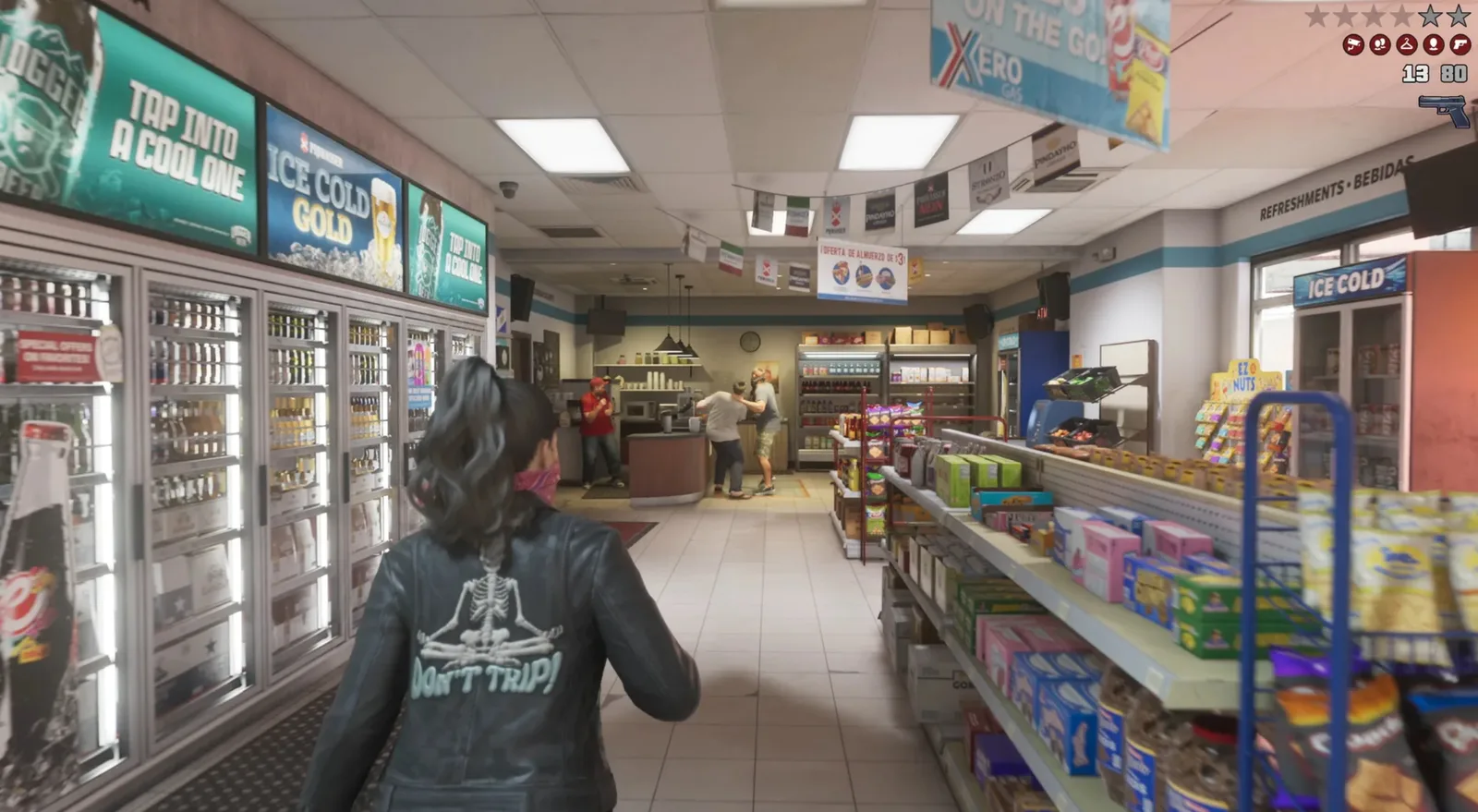 Lucia walking through a brightly lit convenience store interior with drink coolers and snack aisles in GTA 6