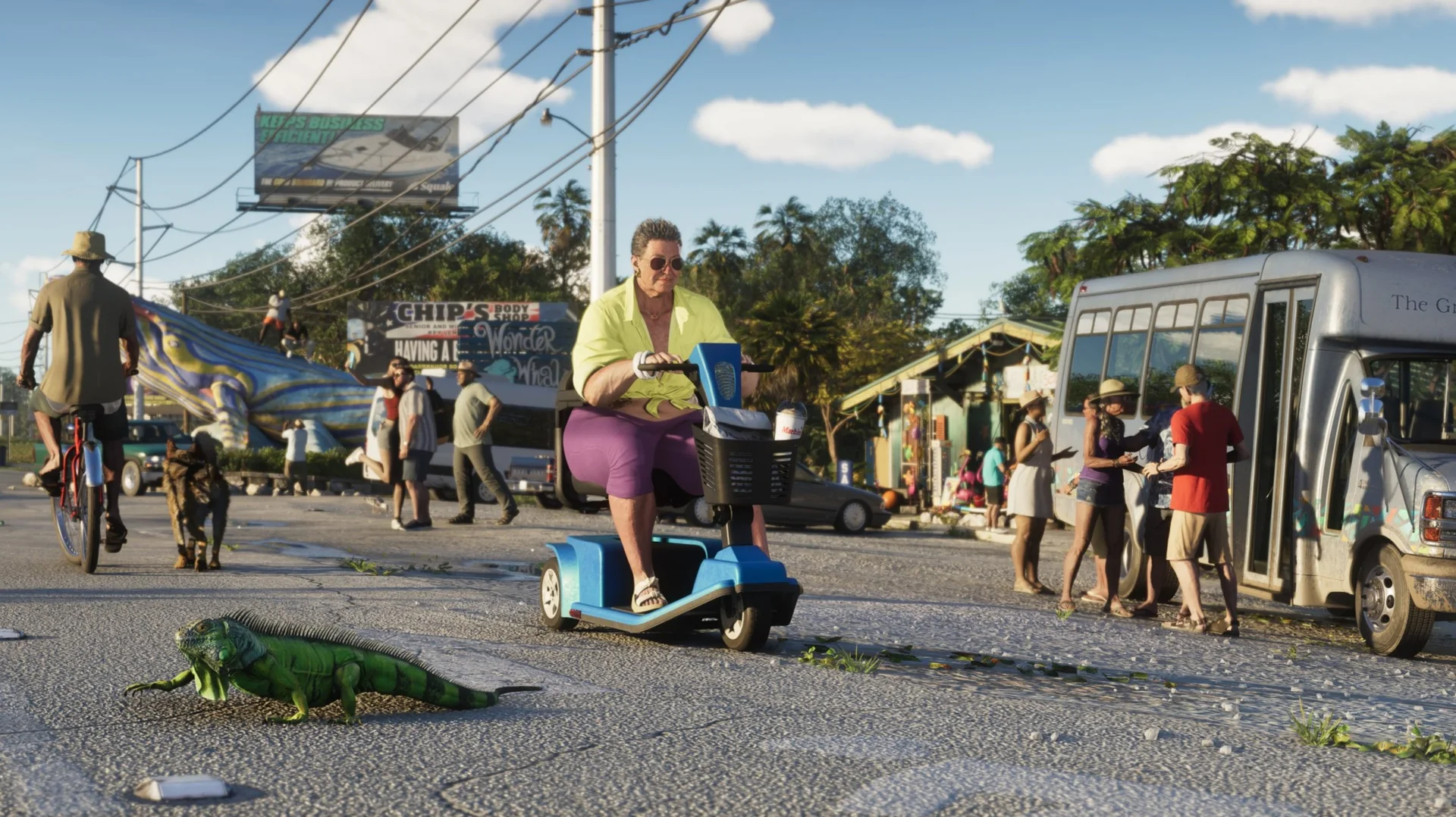 An NPC in a lime shirt rides a mobility scooter past an iguana on a cracked Vice City street in GTA 6