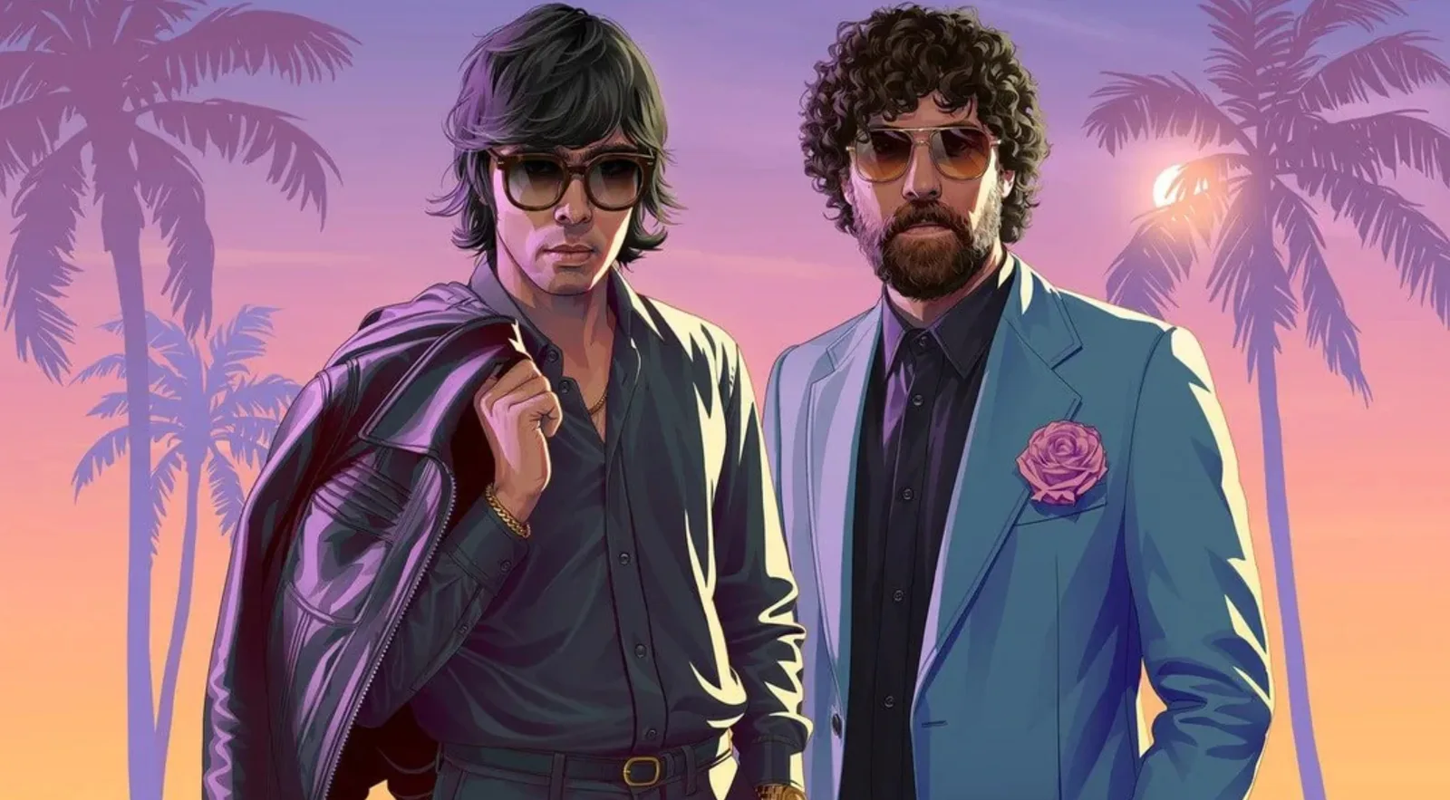 Justice duo Gaspard Auge and Xavier de Rosnay drawn in GTA 6 artwork style against palm trees and a sunset sky