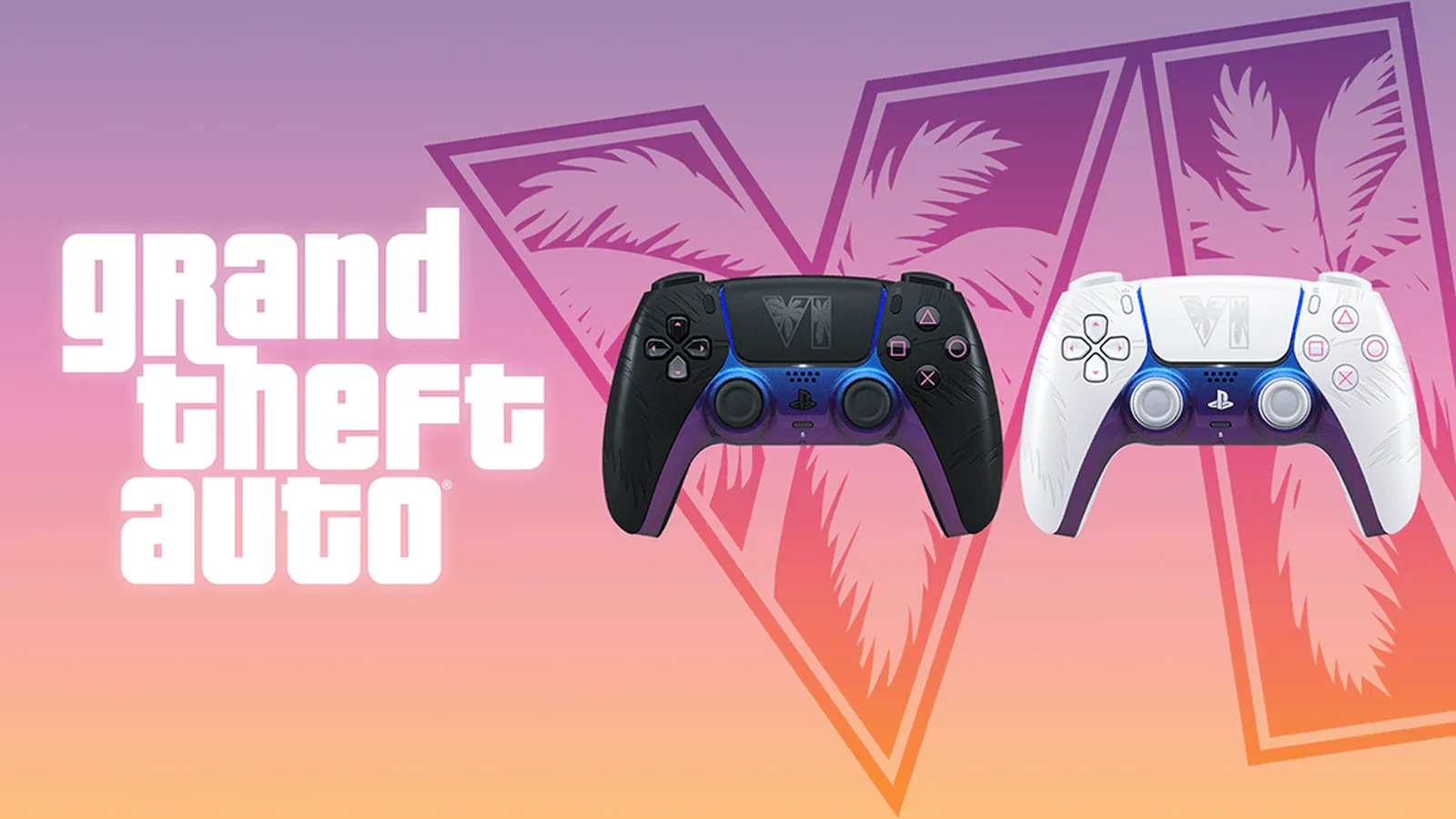 The black and white Grand Theft Auto VI limited-edition DualSense controllers side by side against a Vice City sunset