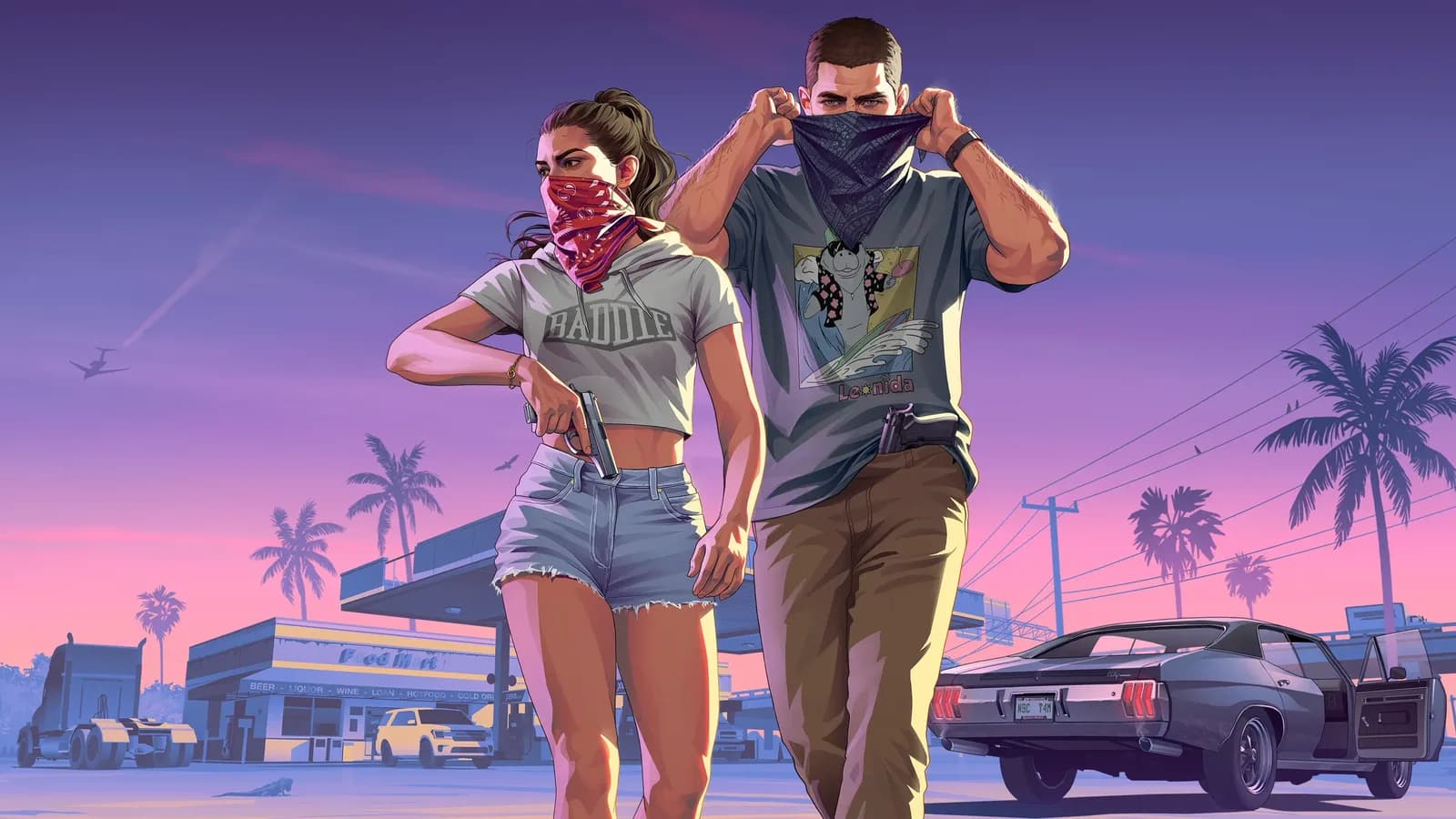 Grand Theft Auto 6: An Extended Look title card, showing Jason and Lucia over a Vice City backdrop for the Rockstar Netflix event