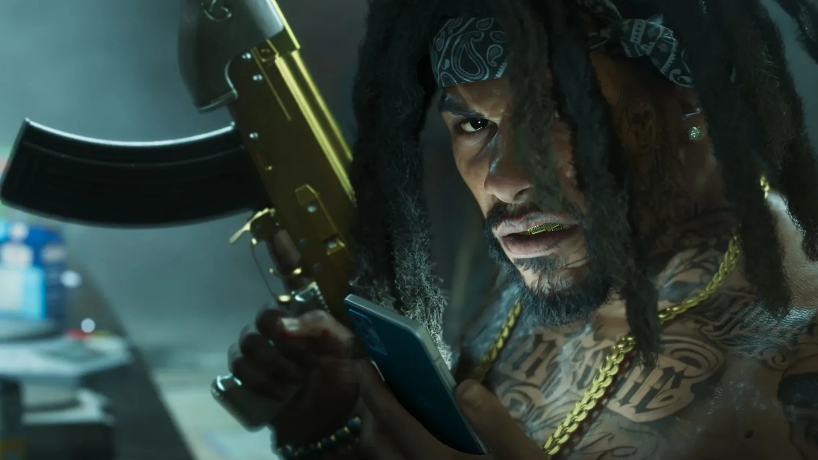 A tattooed man in a bandana checking a smartphone while holding a gold rifle in GTA 6