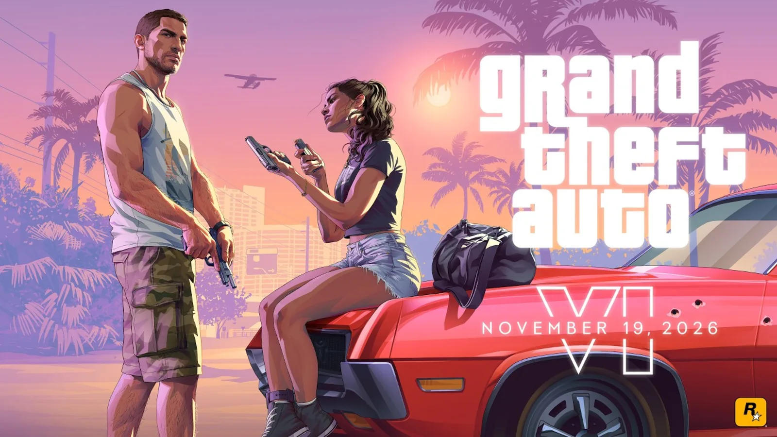 Official GTA 6 launch key art of Jason and Lucia with pistols by a red muscle car under the Grand Theft Auto VI logo and the November 19, 2026 date