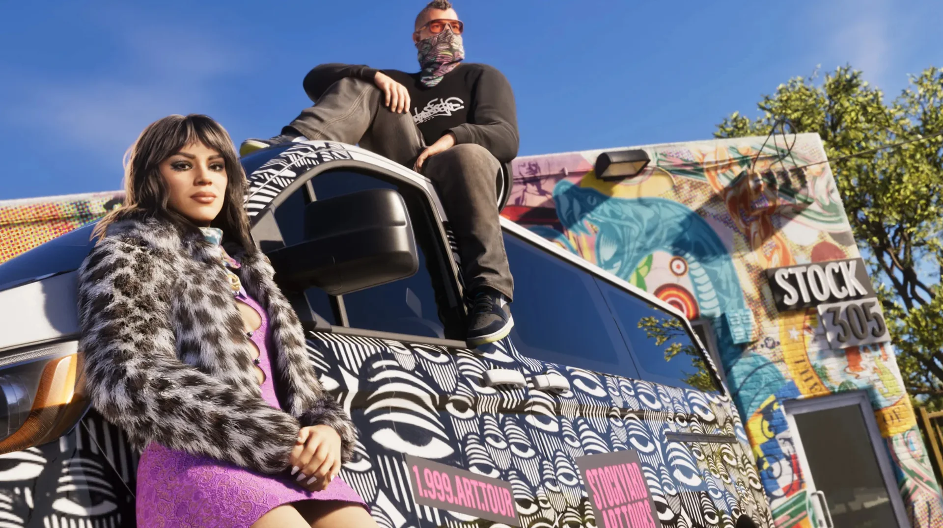 Lucia in a leopard coat and Jason sitting on a graffiti-covered box truck in GTA 6