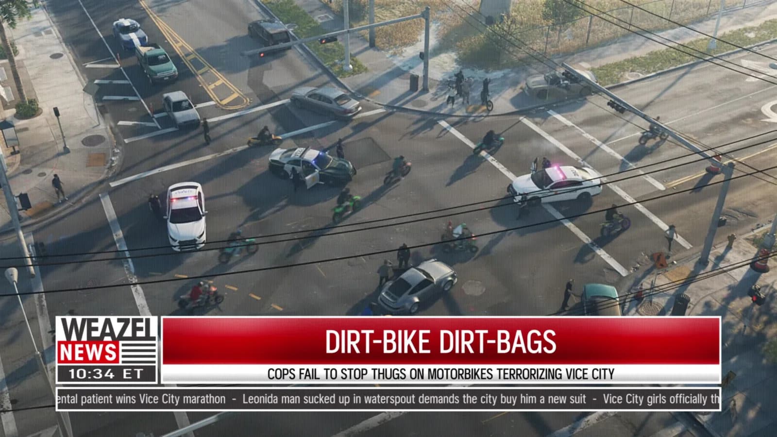 Weazel News broadcast overlay above a chaotic Vice City intersection filled with police and dirt bikes in GTA 6