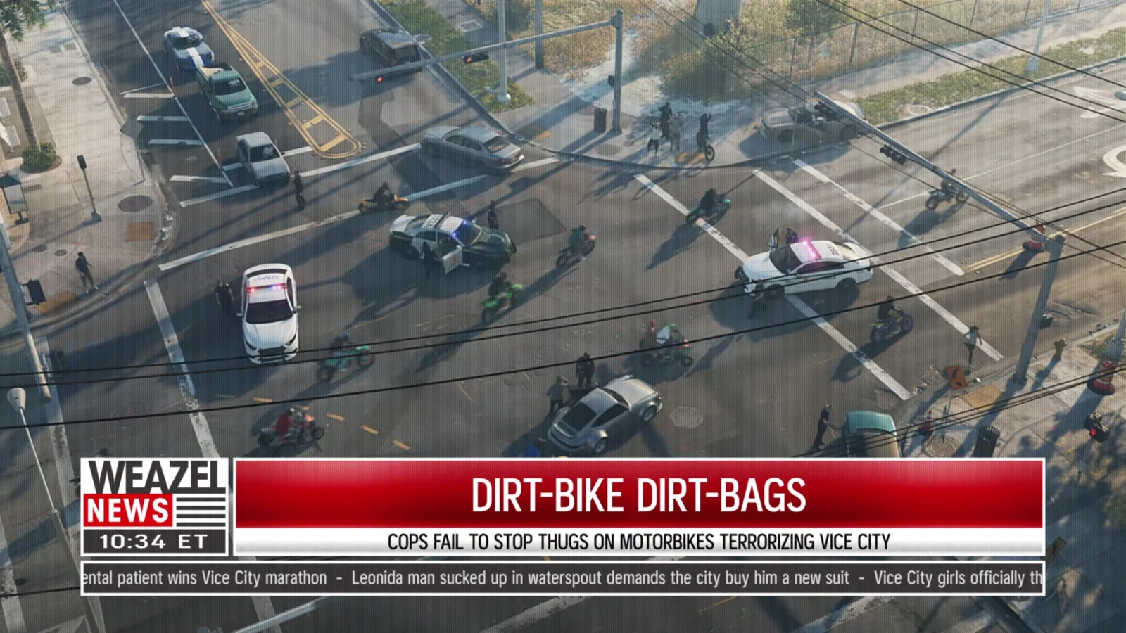 Weazel News broadcast overlay above a chaotic Vice City intersection filled with police and dirt bikes in GTA 6
