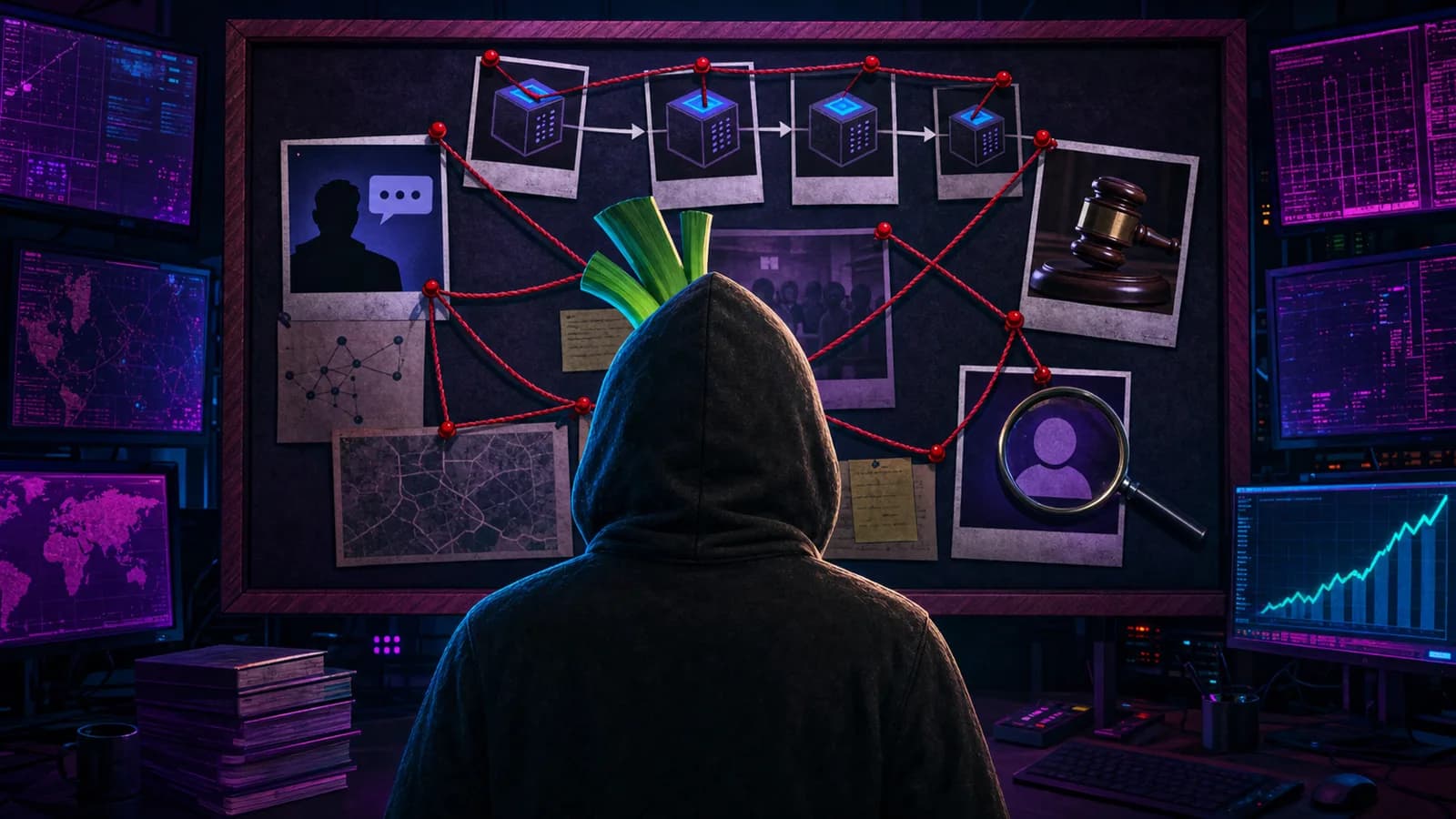 Illustration of a hooded leek-headed figure facing an investigation board pinned with a timestamped blockchain chain, a chat window, a gavel and a magnified avatar
