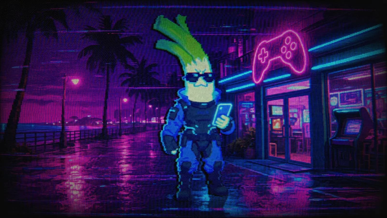 Pixelated leek mascot in sunglasses and a blue tactical suit holding a phone on a neon beach boardwalk beside a game store with a glowing controller sign
