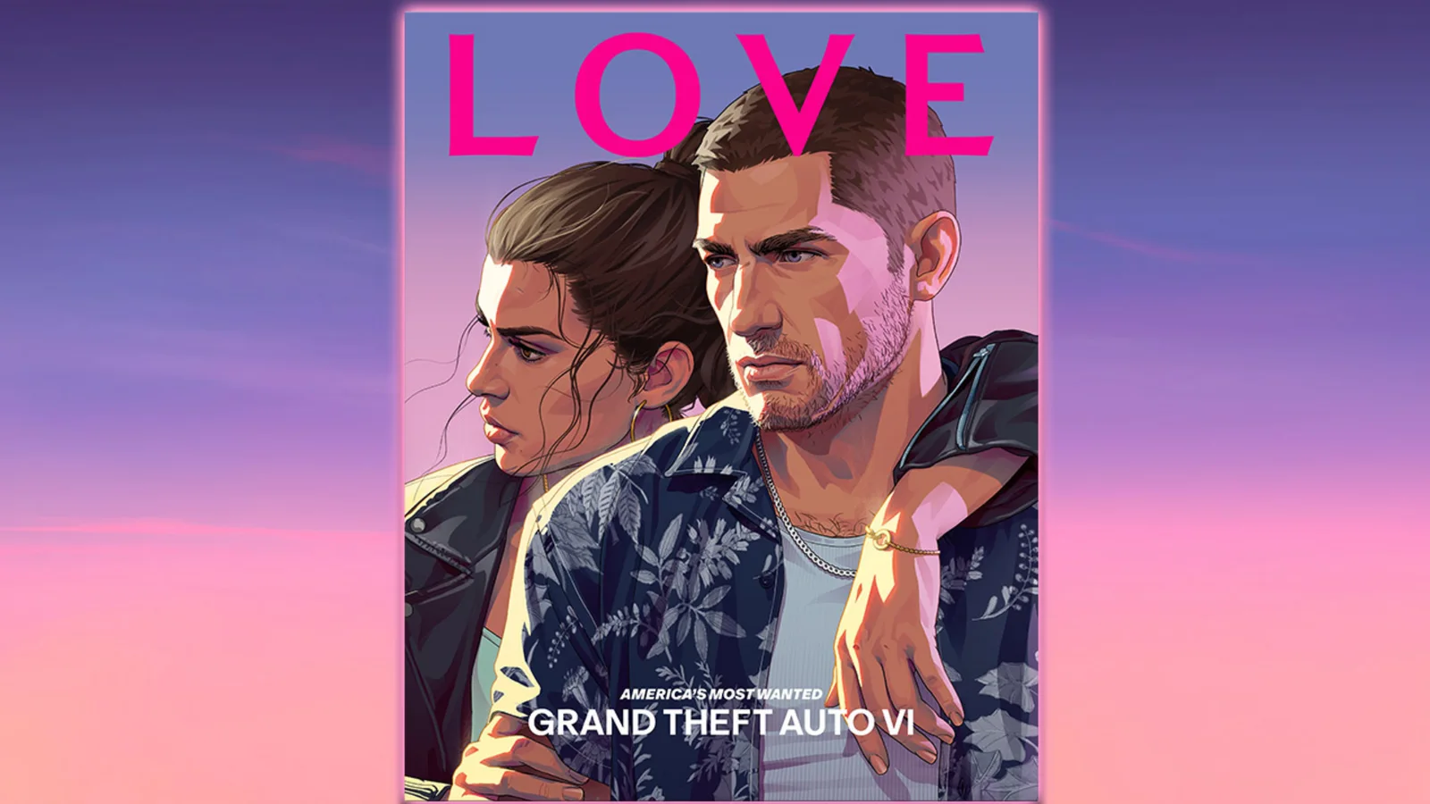 LOVE Issue 27 cover artwork of Lucia leaning on Jason under the cover line America’s Most Wanted