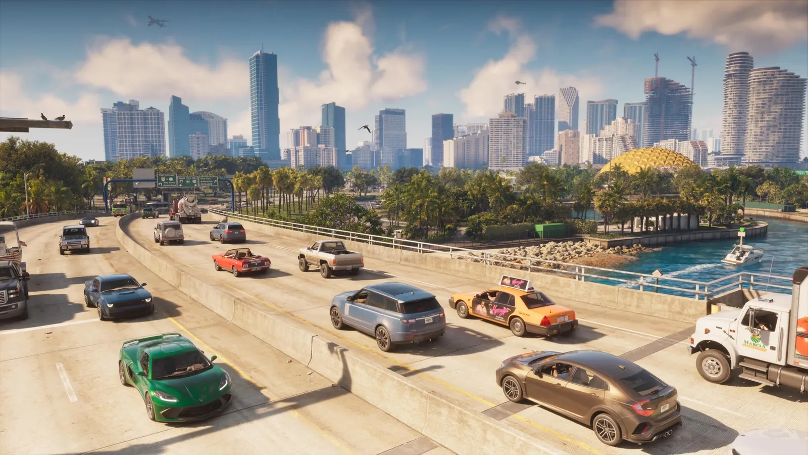 Dense highway traffic heading towards the Vice City skyline with a golden dome landmark in GTA 6