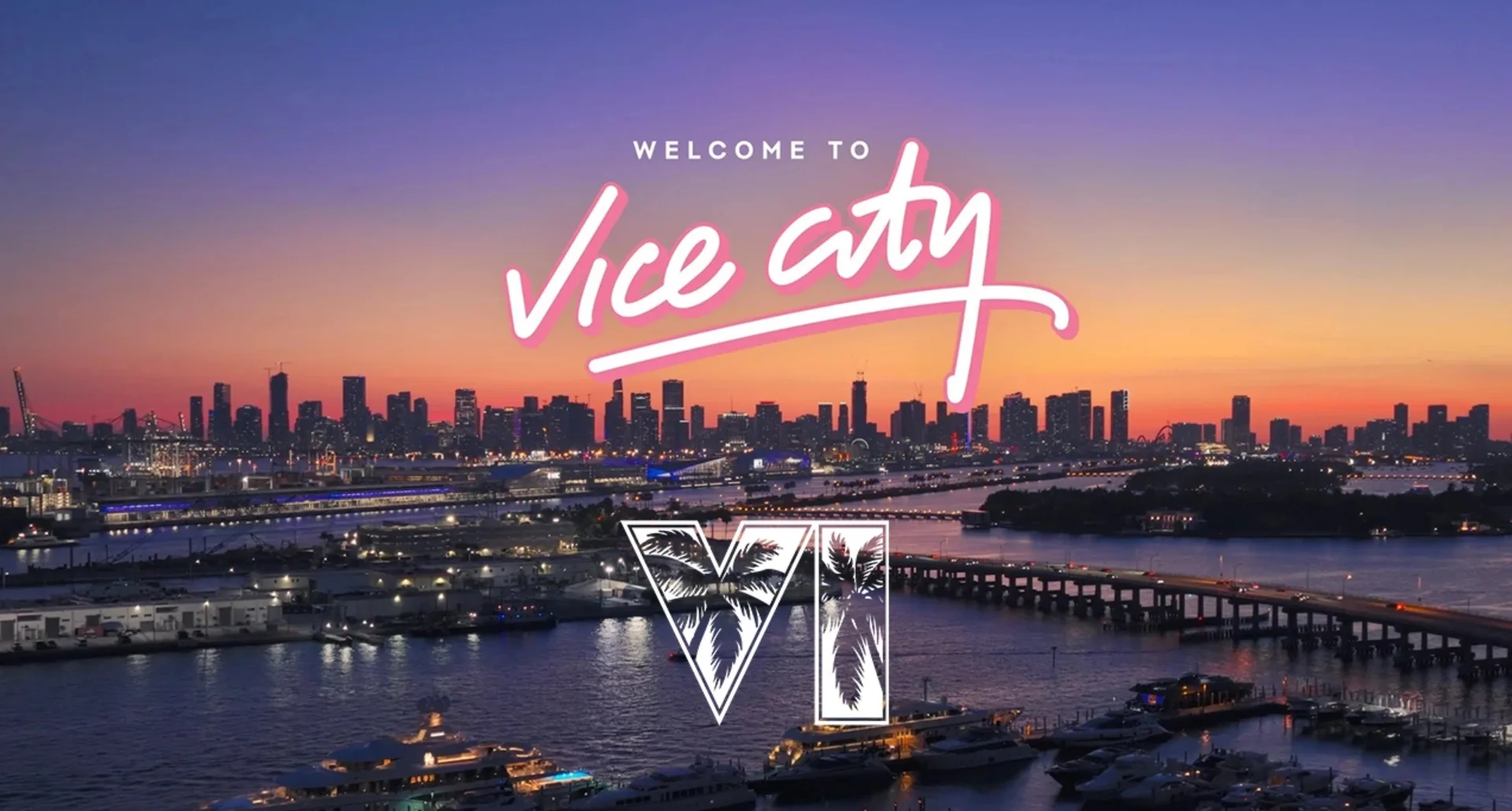 Welcome to Vice City script glowing in pink over the real Miami skyline and marina at dusk