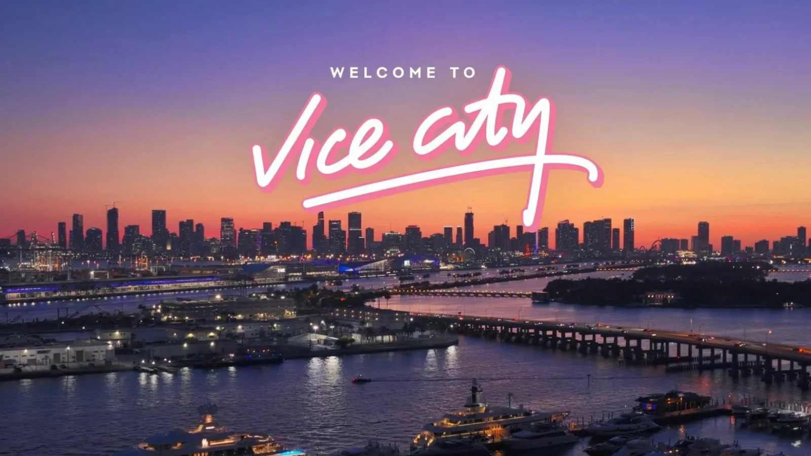 Welcome to Vice City script glows over the Miami skyline at sunset in the Heat partnership key art
