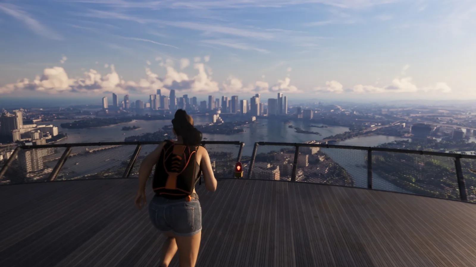 Lucia looking out over the downtown Vice City skyline from a rooftop deck in GTA 6