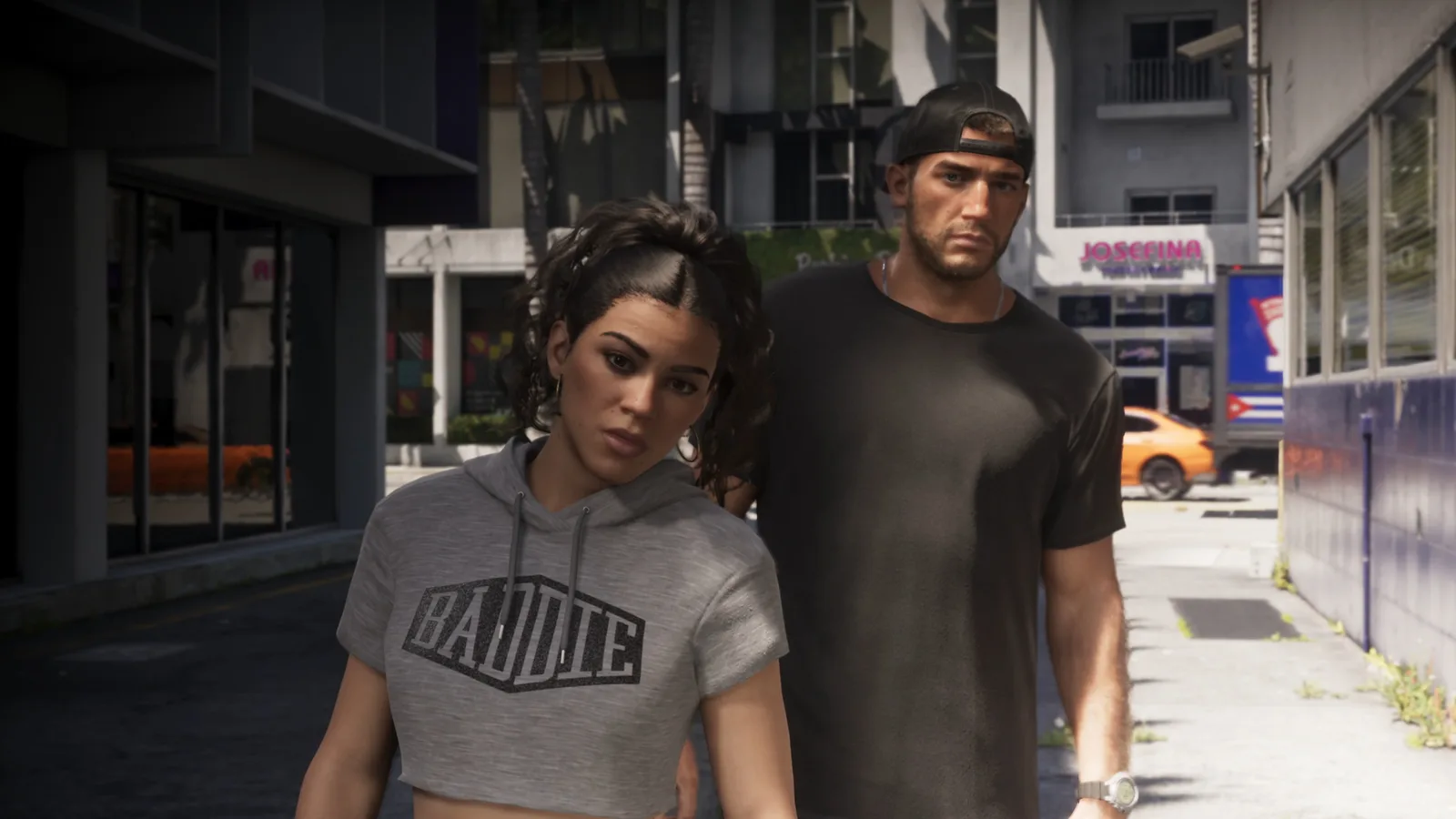 Jason and Lucia walking side by side down a Vice City street in the GTA 6 Extended Look