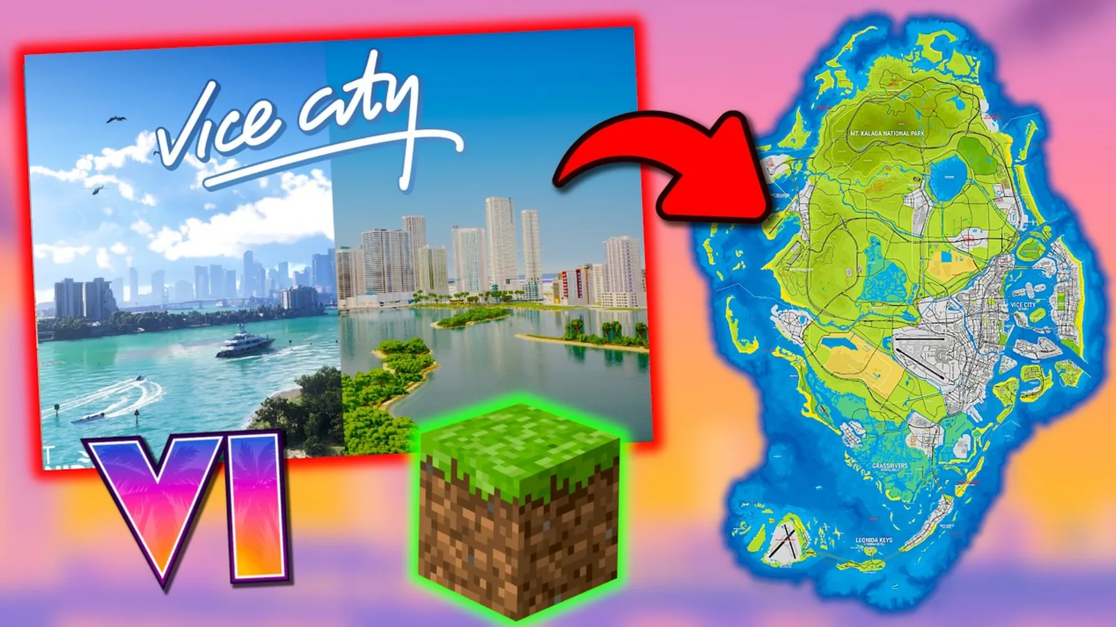 Collage of the GTA 6 Vice City skyline beside its Minecraft recreation, with the community map and a Minecraft grass block