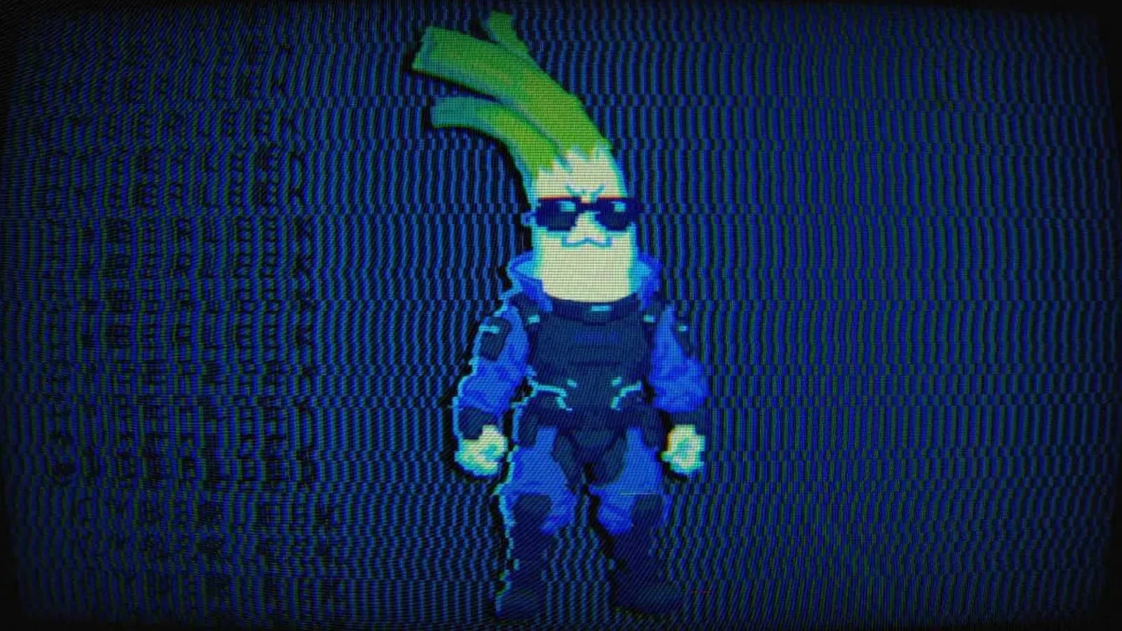Pixelated leek mascot in sunglasses and a blue tactical suit on a glitching CRT screen, the avatar associated with the Cyberleek leaks