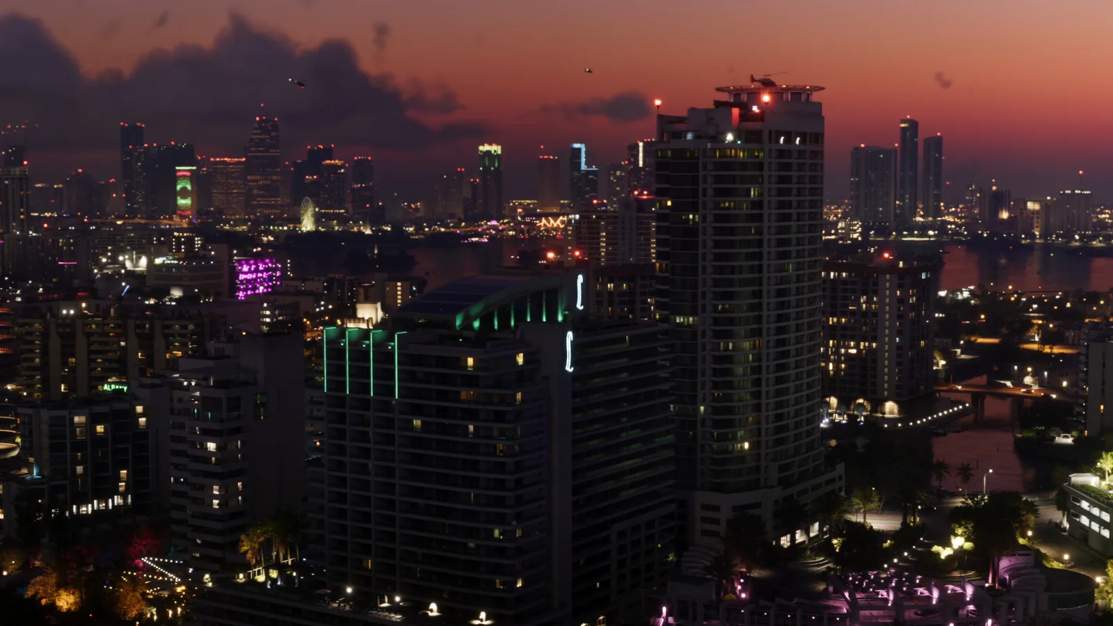 Downtown Vice City towers lit up at dusk in the GTA 6 Extended Look