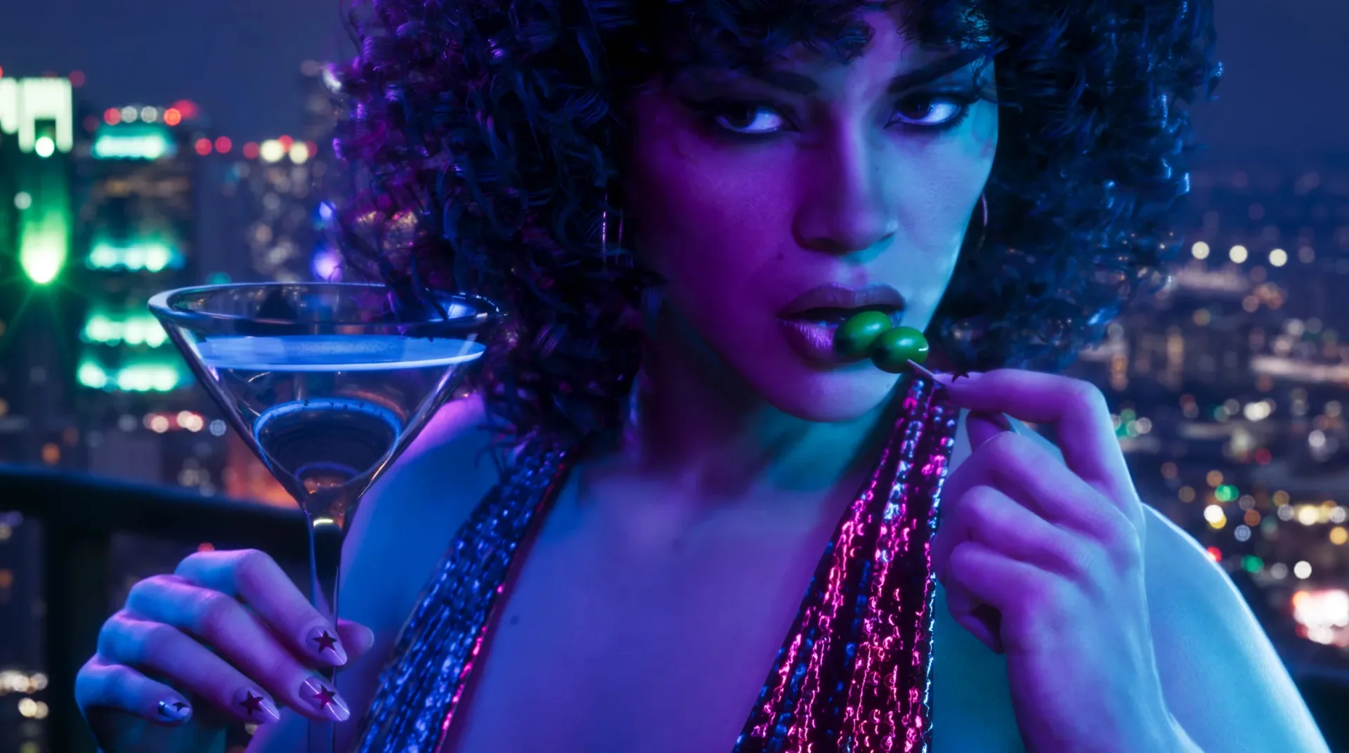 Partygoer sipping a cocktail on a neon-lit Vice City rooftop at night in GTA 6