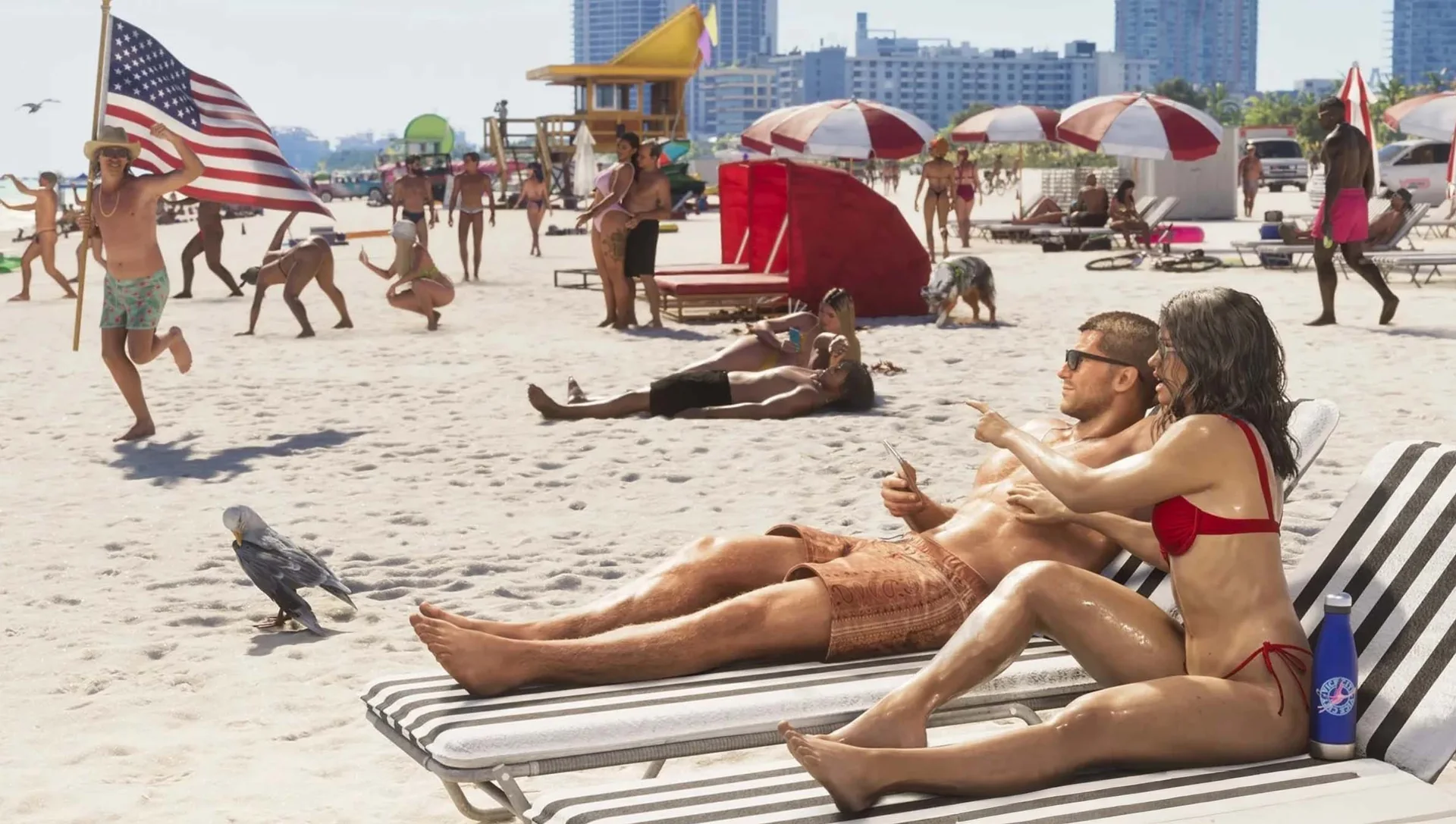 Sunbathers on crowded Vice City sand as a man sprints past carrying an American flag in GTA 6