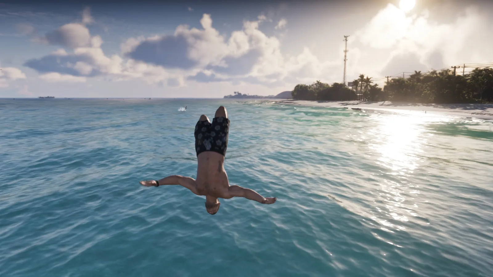 A character mid-dive off a platform into blue water in the GTA 6 Extended Look