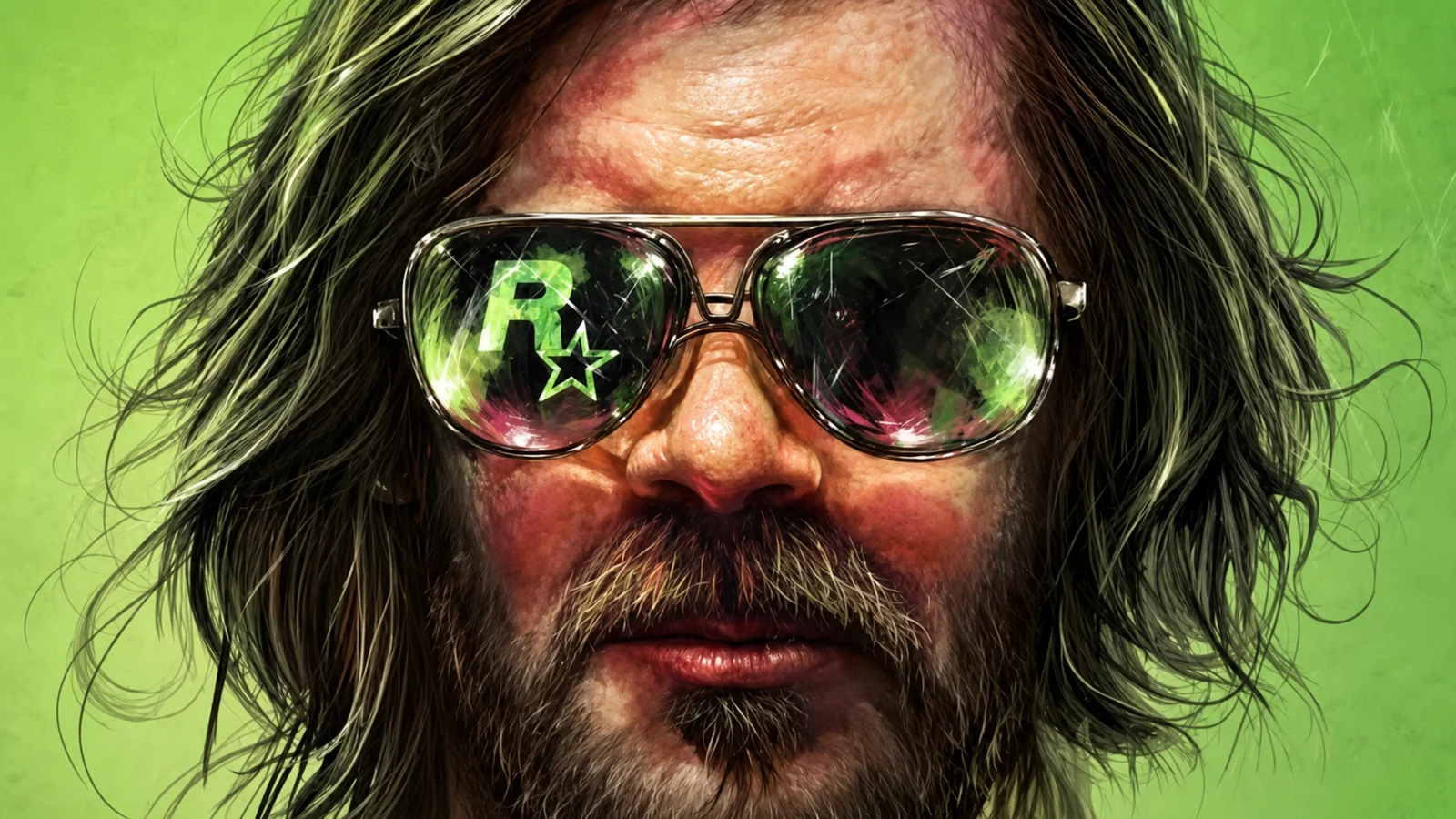 Illustrated portrait of Sam Houser with the Rockstar Games logo reflected in his sunglasses