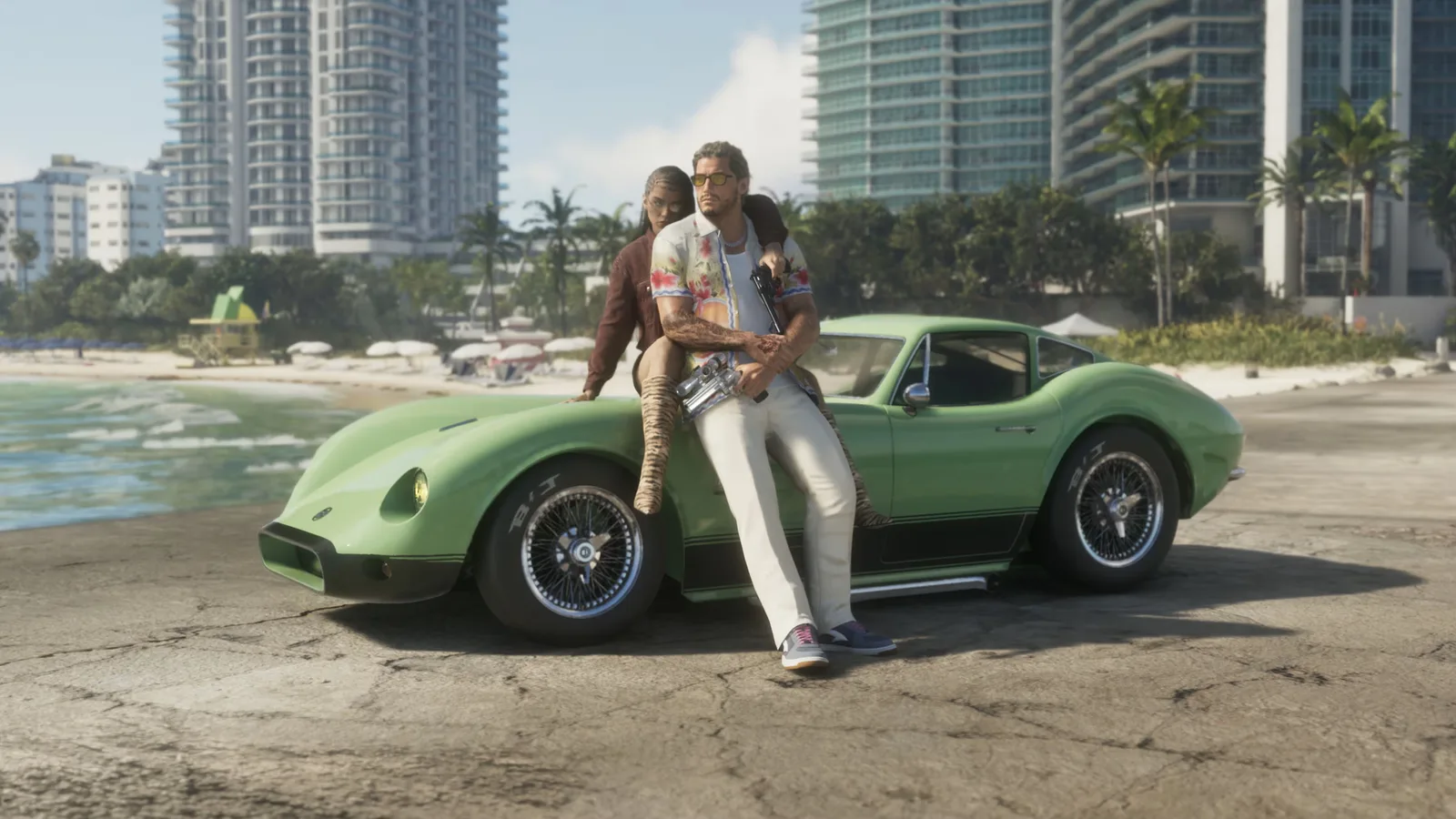 Jason and Lucia leaning against a green classic sports car on a sunlit beachfront in Vice City in GTA 6