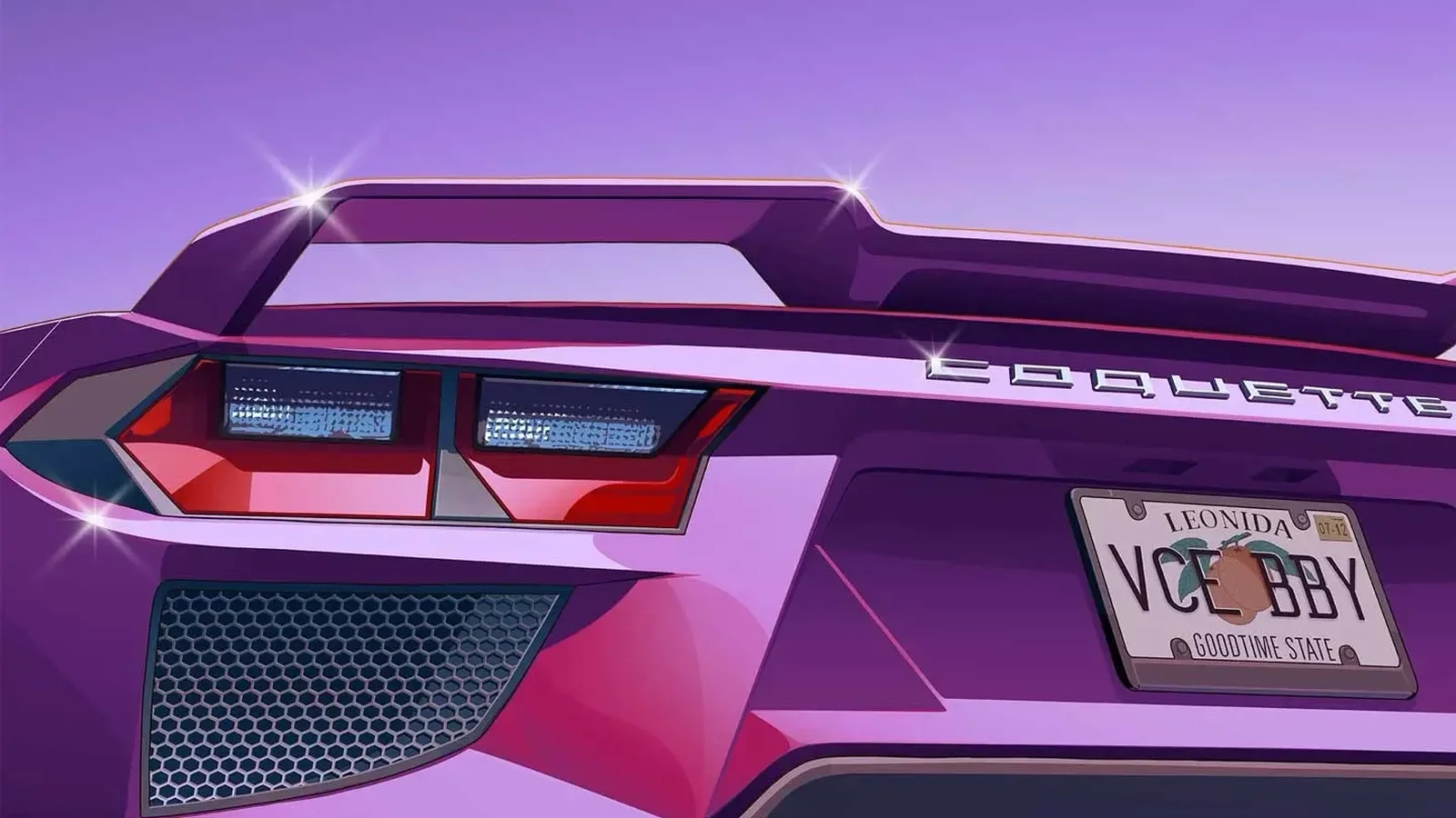 Rear of a purple Coquette with a Leonida licence plate reading VCE BBY in official GTA 6 artwork