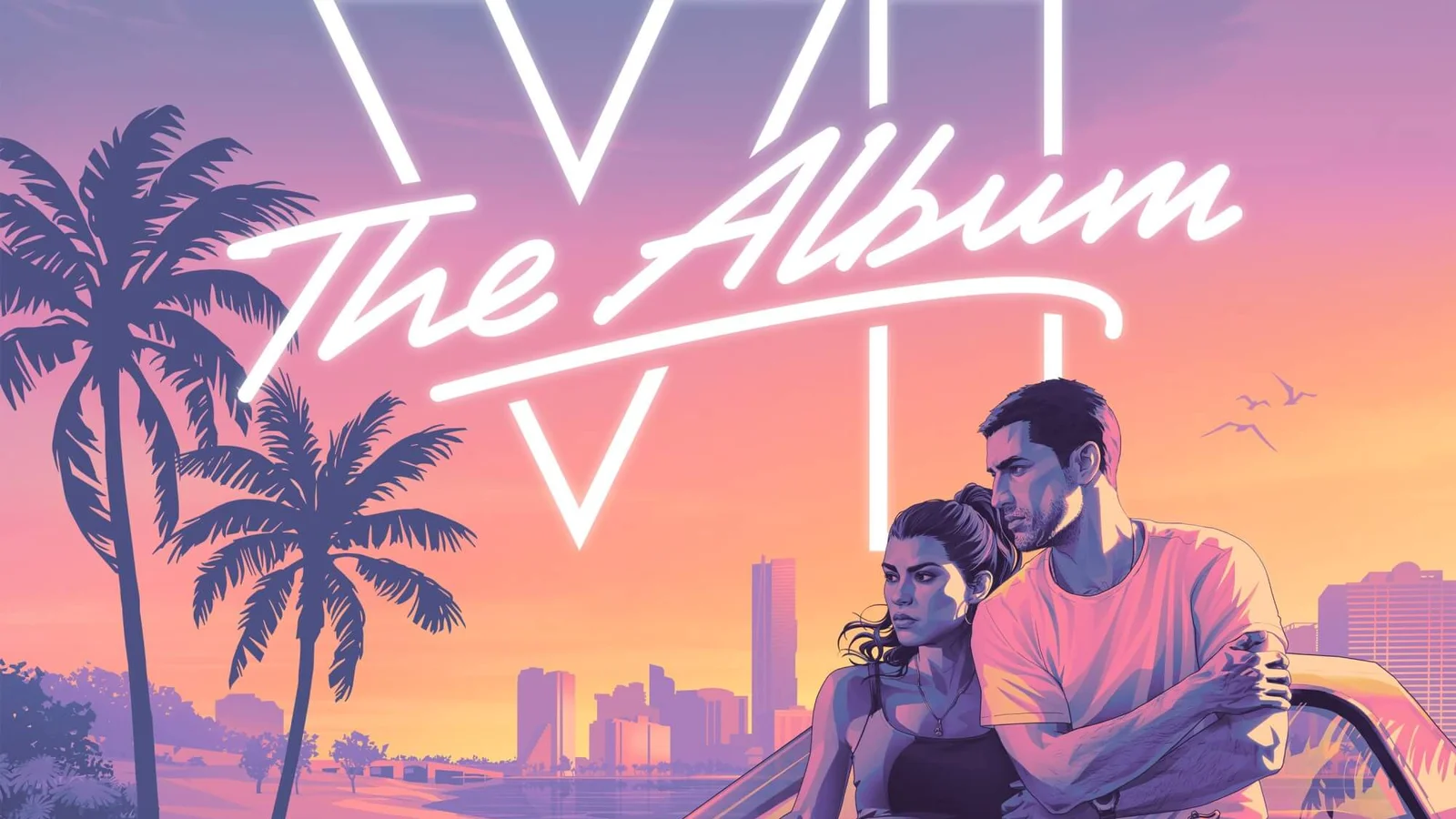 Jason and Lucia lean against a bullet-holed car beneath the neon The Album script on the GTA VI: The Album cover