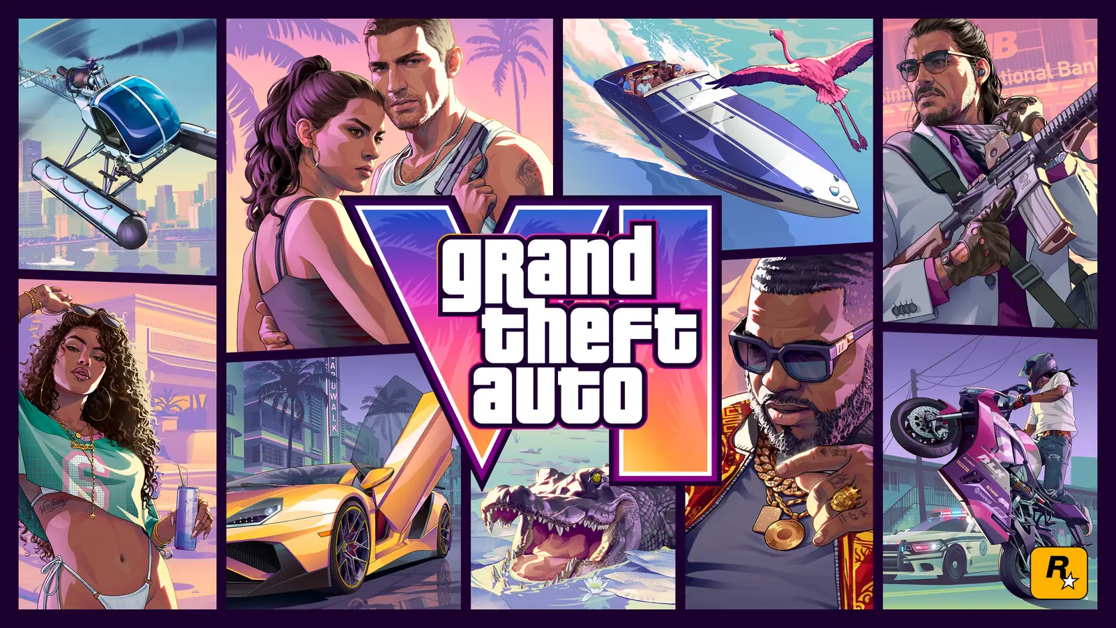 GTA 6 key art collage showing Jason and Lucia, Vice City characters, a speedboat and the VI logo over a pink Leonida backdrop