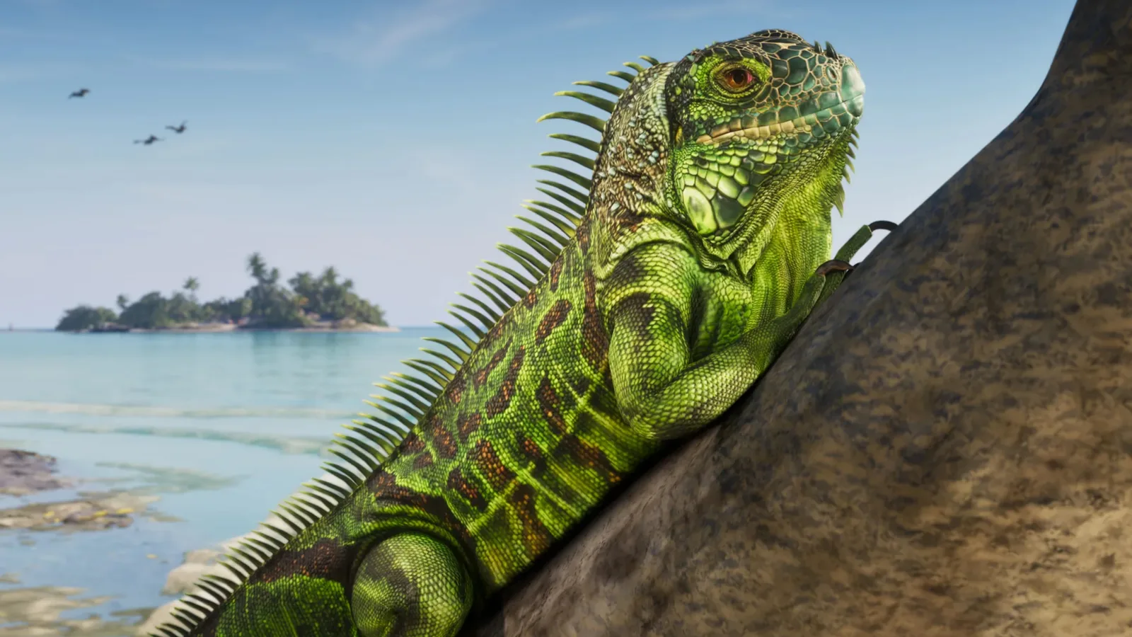 A green iguana resting on a rock with a small palm island offshore in GTA 6