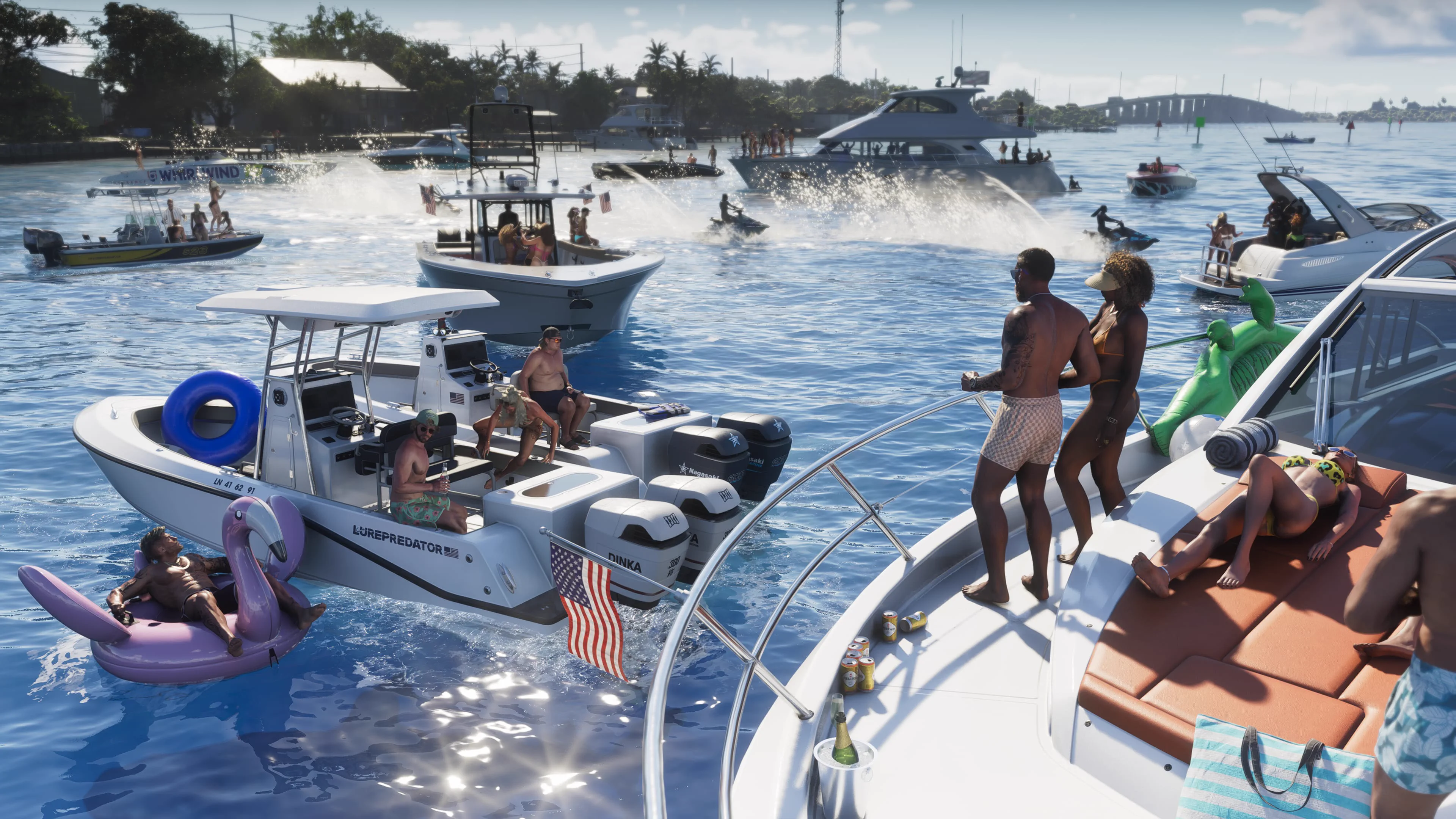 A packed boat party on the sunlit waters off Vice City in GTA 6, with jet skis and yachts full of people, an image of the scale and density Rockstar is targeting that few studios can currently match