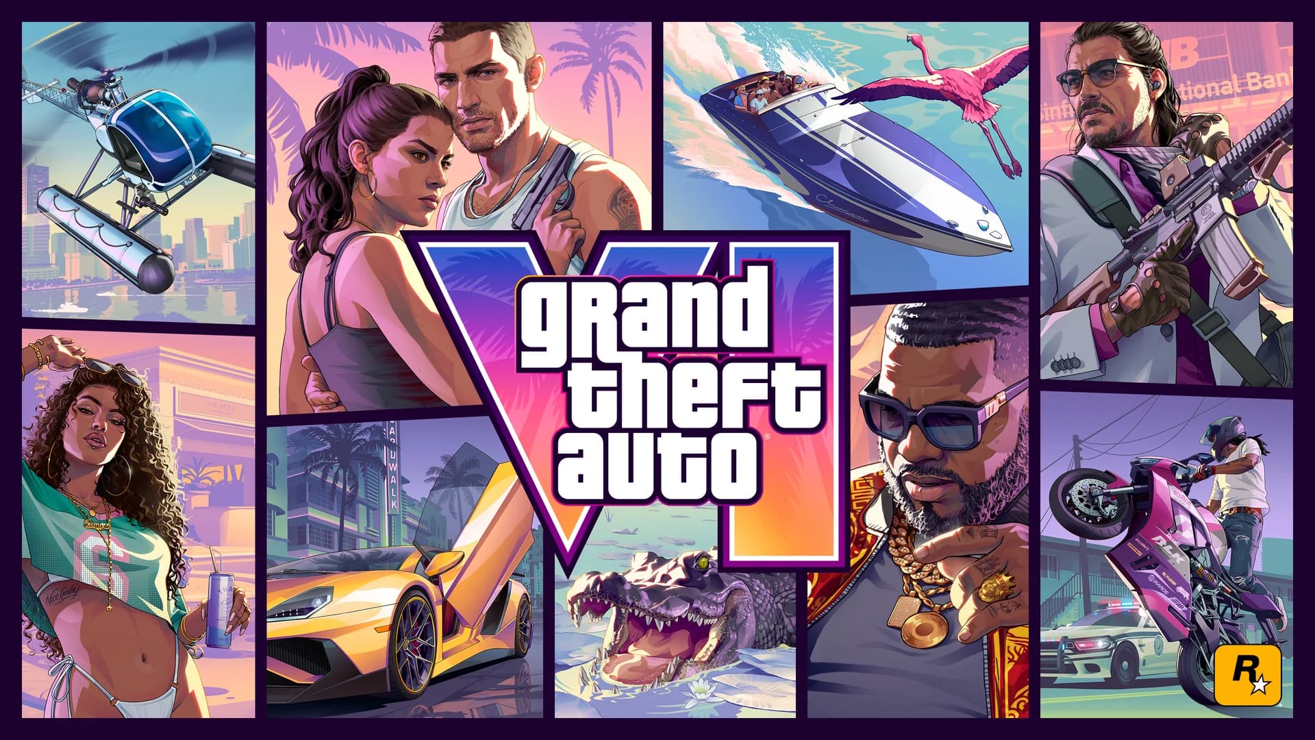 Official Grand Theft Auto VI cover art montage with the VI logo, Jason and Lucia, Vice City vehicles and wildlife
