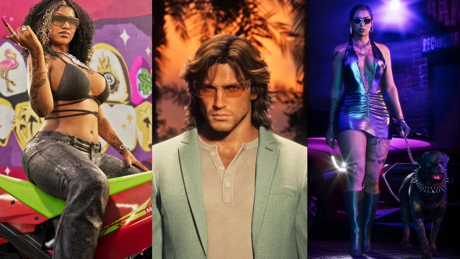 Collage of three GTA 6 characters: a tattooed dancer on a dirt bike, Raul Bautista in a suit and a woman walking a Rottweiler at night