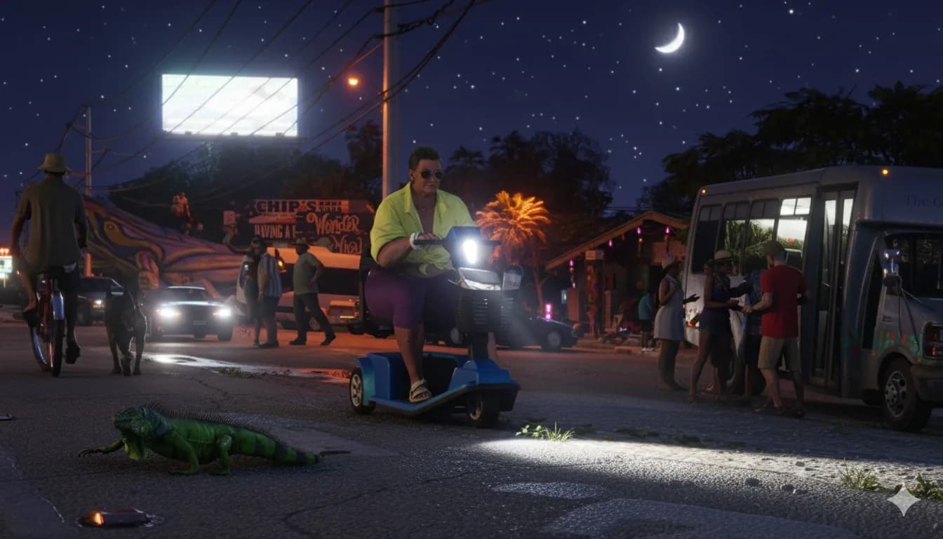 Grand Theft Auto VI screenshot of a Leonida street at night with a resident on a mobility scooter, an iguana crossing the road and a small crowd by a bus