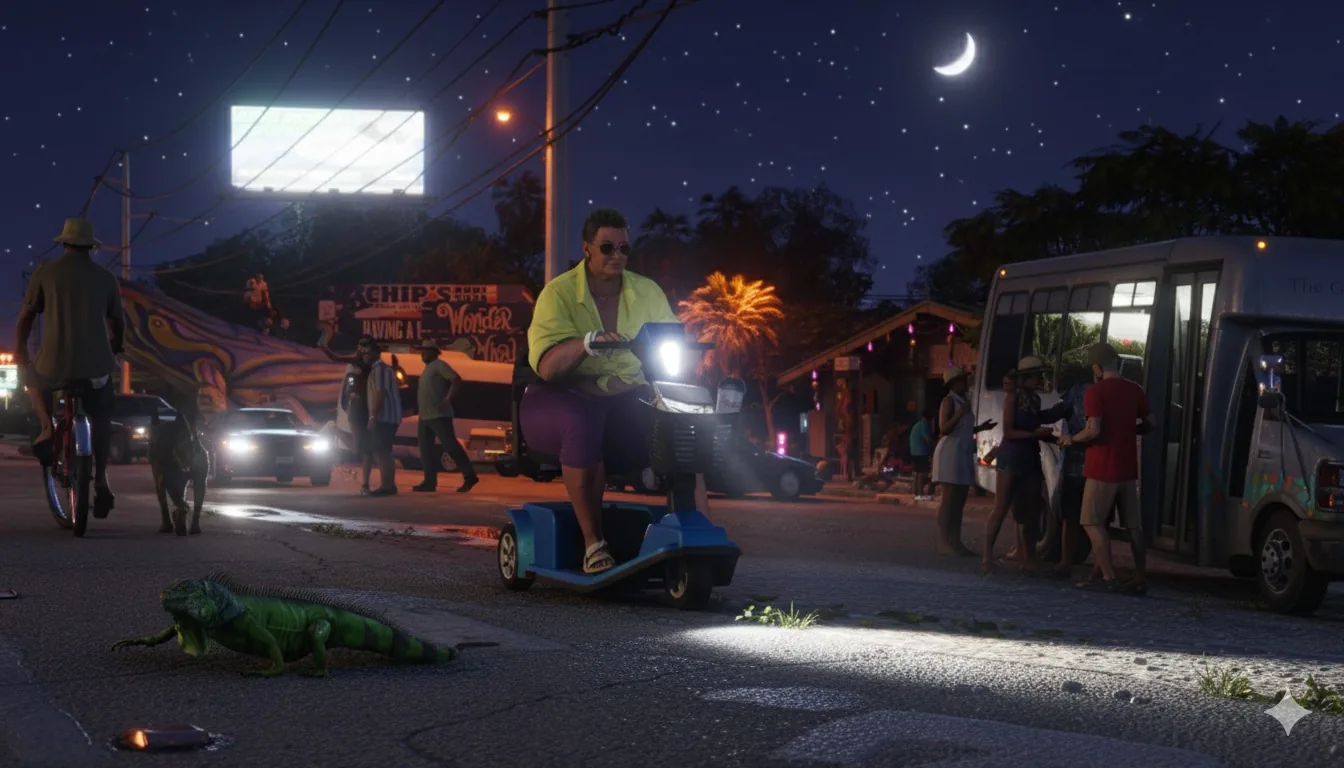 Grand Theft Auto VI screenshot of a Leonida street at night with a resident on a mobility scooter, an iguana crossing the road and a small crowd by a bus
